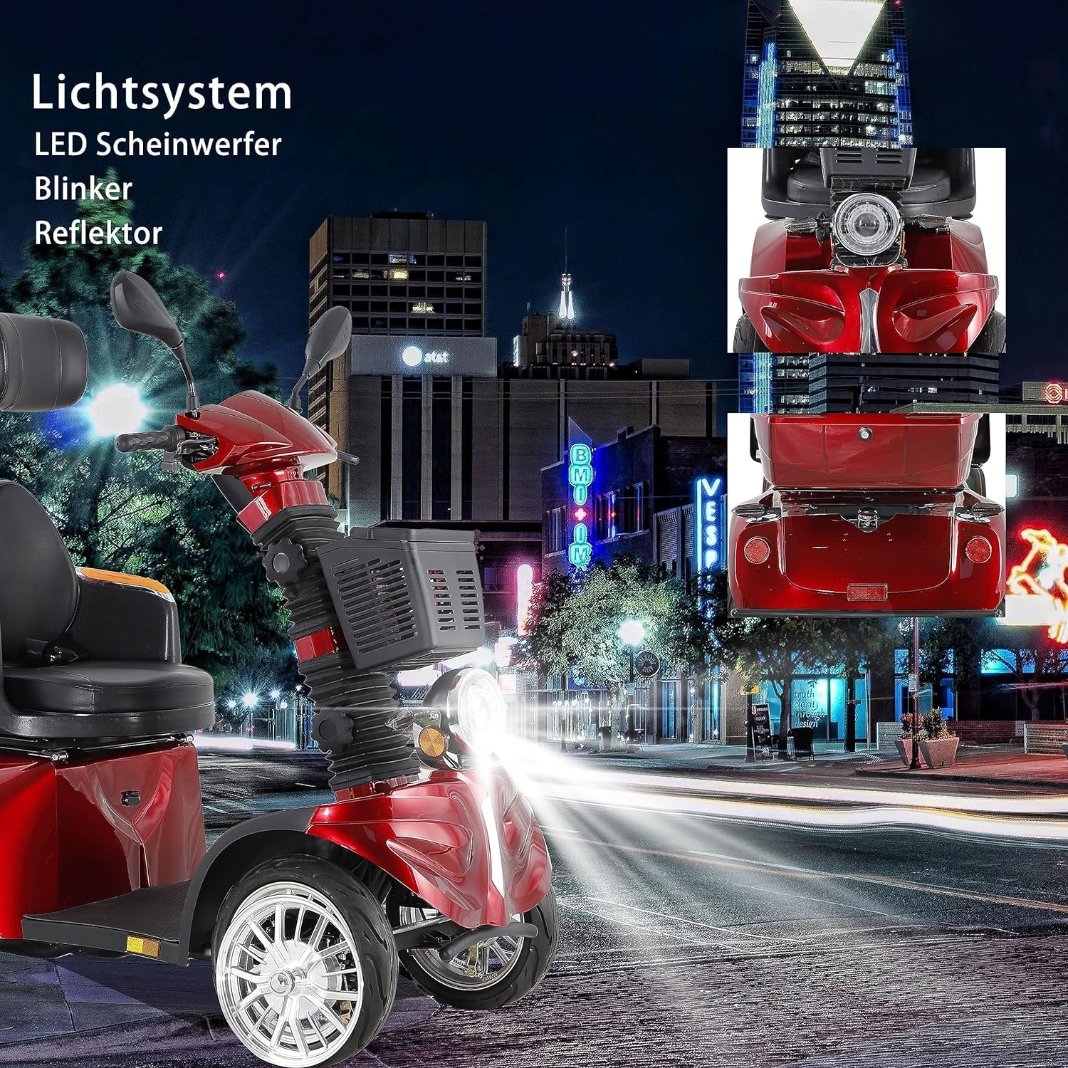 Scooter de 4 ruedas con respaldo y reposacabezas ajustables automáticos para una experiencia de conducción cómoda con una carga máxima de 225 kg