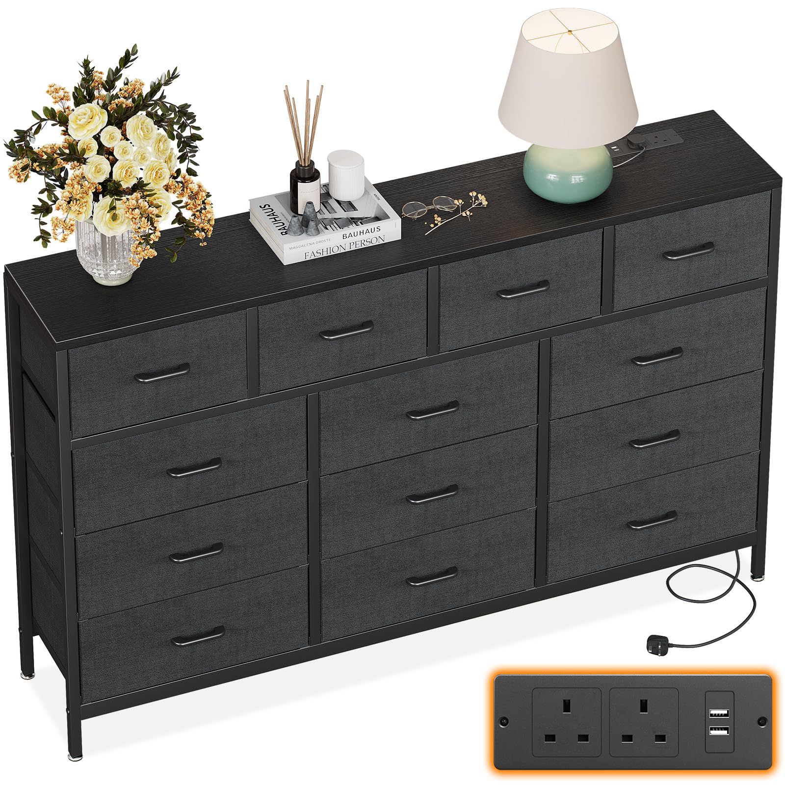 ODK Black Chest of Drawers Bedroom, 2 USB & 2 AC Ports Sockets, Contains 13 Fabric Drawers Multi-functional Fabric Drawers Suitable for Bedrooms, Living Rooms, Sturdy Storage Dresser, Black