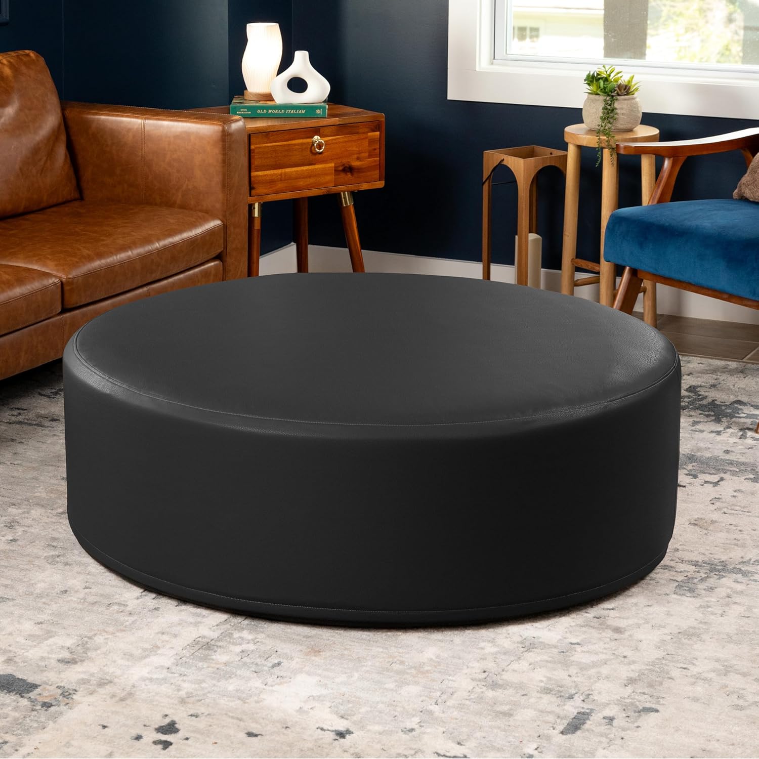 Jaxx Candler Round Couch Ottoman – Oversized Giant Coffee Table Ottoman - Versatile Firm Foam Construction - Kid Safe with Removable Cover, 44”, Premium Faux Leather, Black