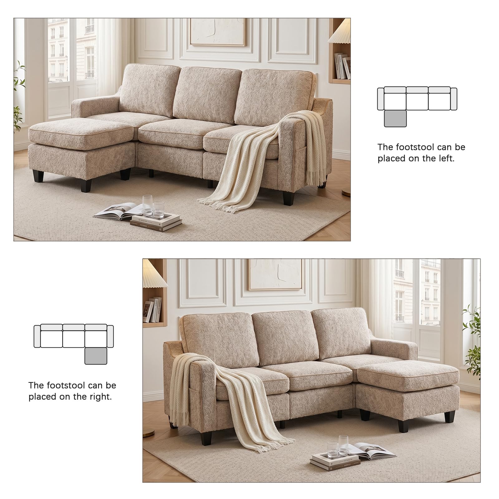 JIEXI Sofa 3 + 1-osobowa z otomaną, możliwość dowolnego łączenia z pluszowego polaru, oddychająca, wysoka obciążalność 230 kg, w zestawie kieszeń boczna, sofa do salonu, sypialni, biura – beżowa