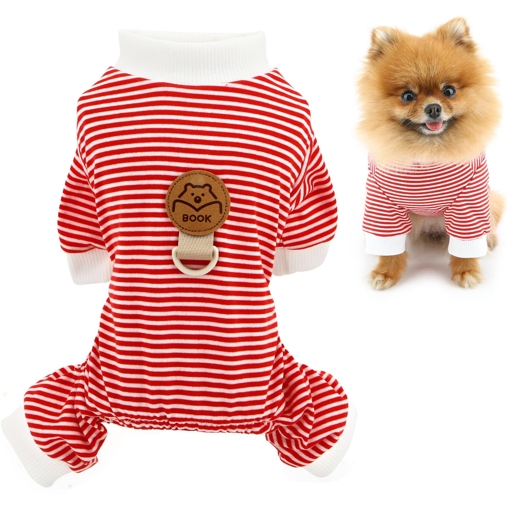 SMALLLEE_LUCKY_STORE Striped Dog Pyjamas for Small Dogs Pet Jumpsuit with D-ring and Patch Puppy Pajamas Stretchable Pjs Summer Spring Clothes Chihuahua Yorkie Cat Apparel, Red, L