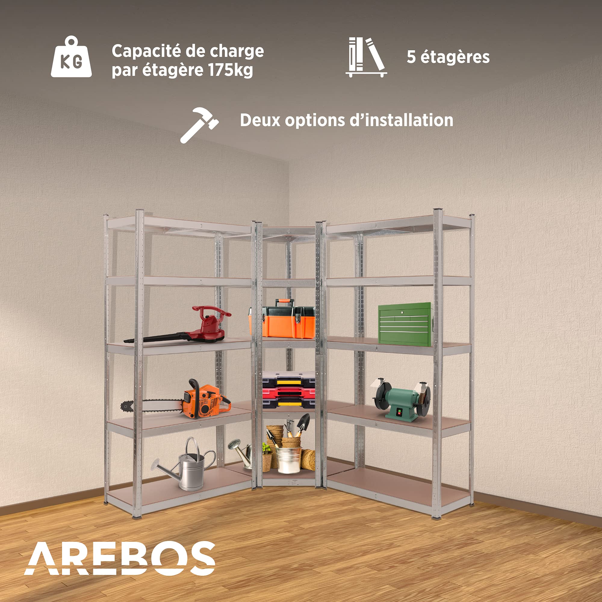 AREBOS Étagère pour Charges Lourdes, Lot de 3 | Étagère d'angle combinée | Jusqu'à 875 kg de capacité de Charge | Montage par système d'emboîtement | Construction métallique Robuste | Argent
