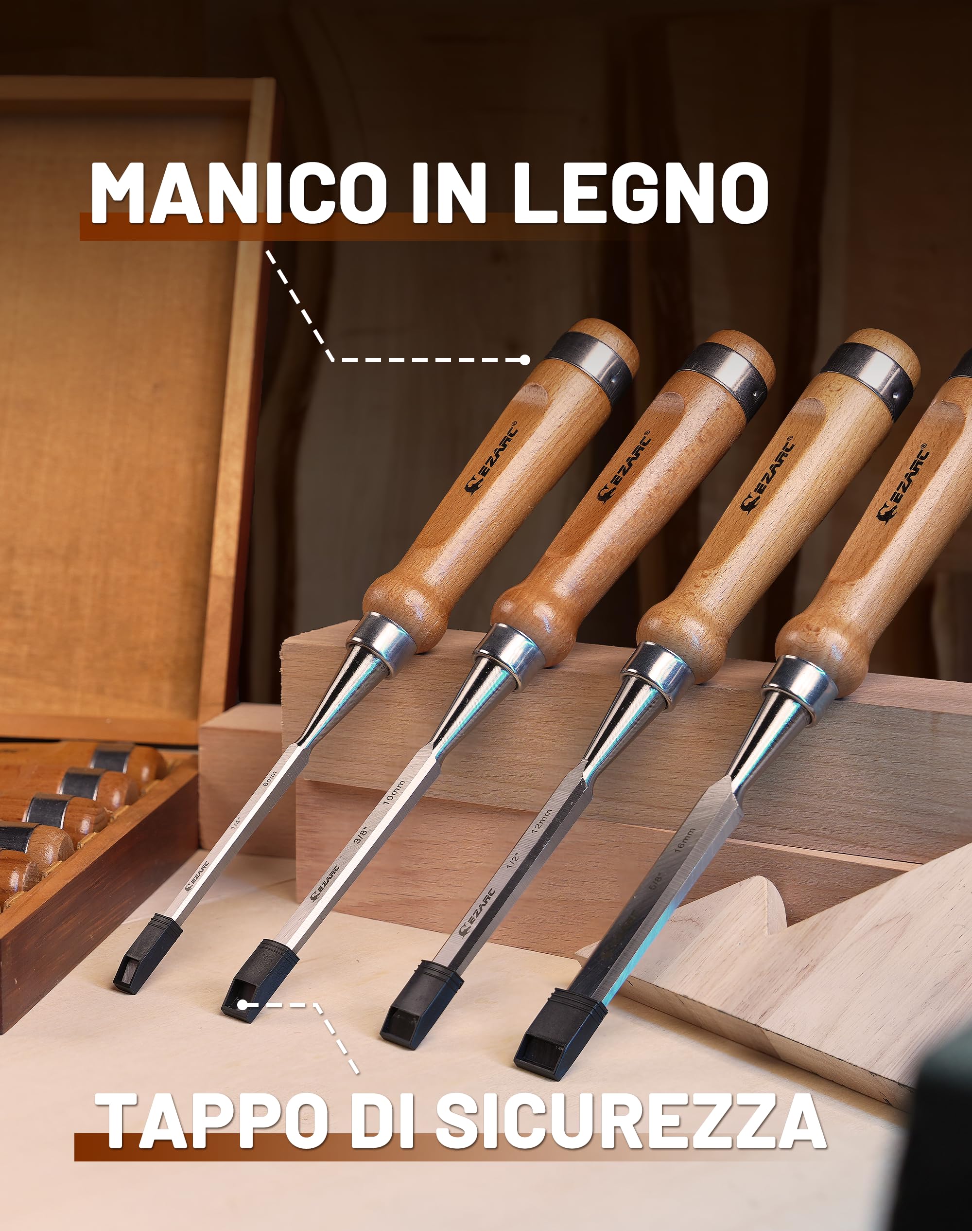 EZARC Set di Scalpelli per Legno Professionali, Set di 6 Scalpelli con Custodia in Legno Per Intaglio del Legno, Carpenteria, Rifilatura dei Bordi