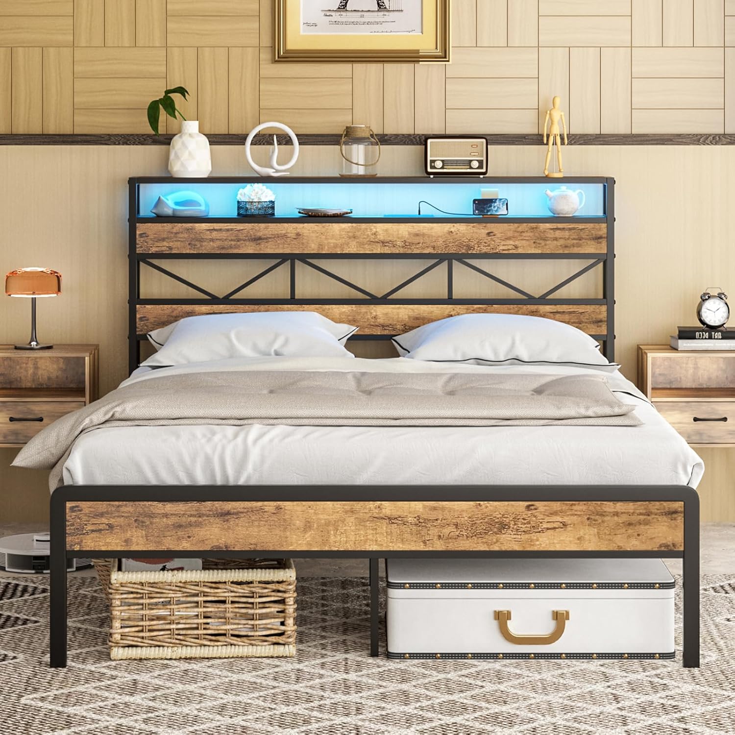 LED Queen Size Bed Frame with Charging Station, Platform