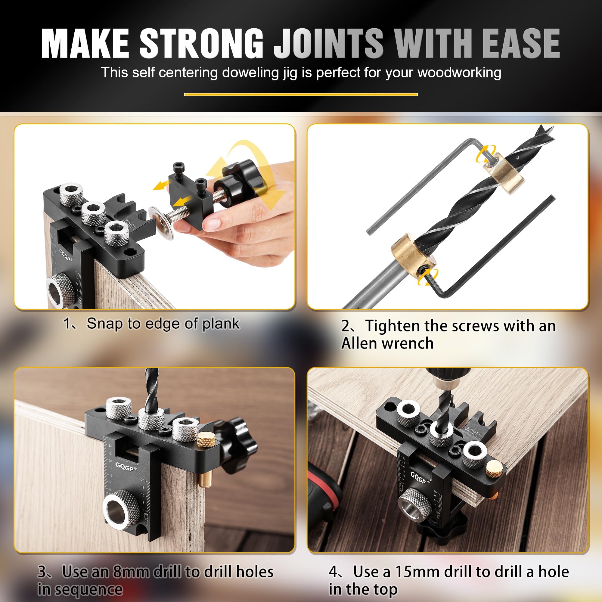 3 in 1 Dima per Tasselli Legno, Set Maschere Per Fori Tascabili con 8/10 / 15mm Drill Bit Per Spinatura Legno Guida di Foratura per Angolo Posizionatore Localizzatore