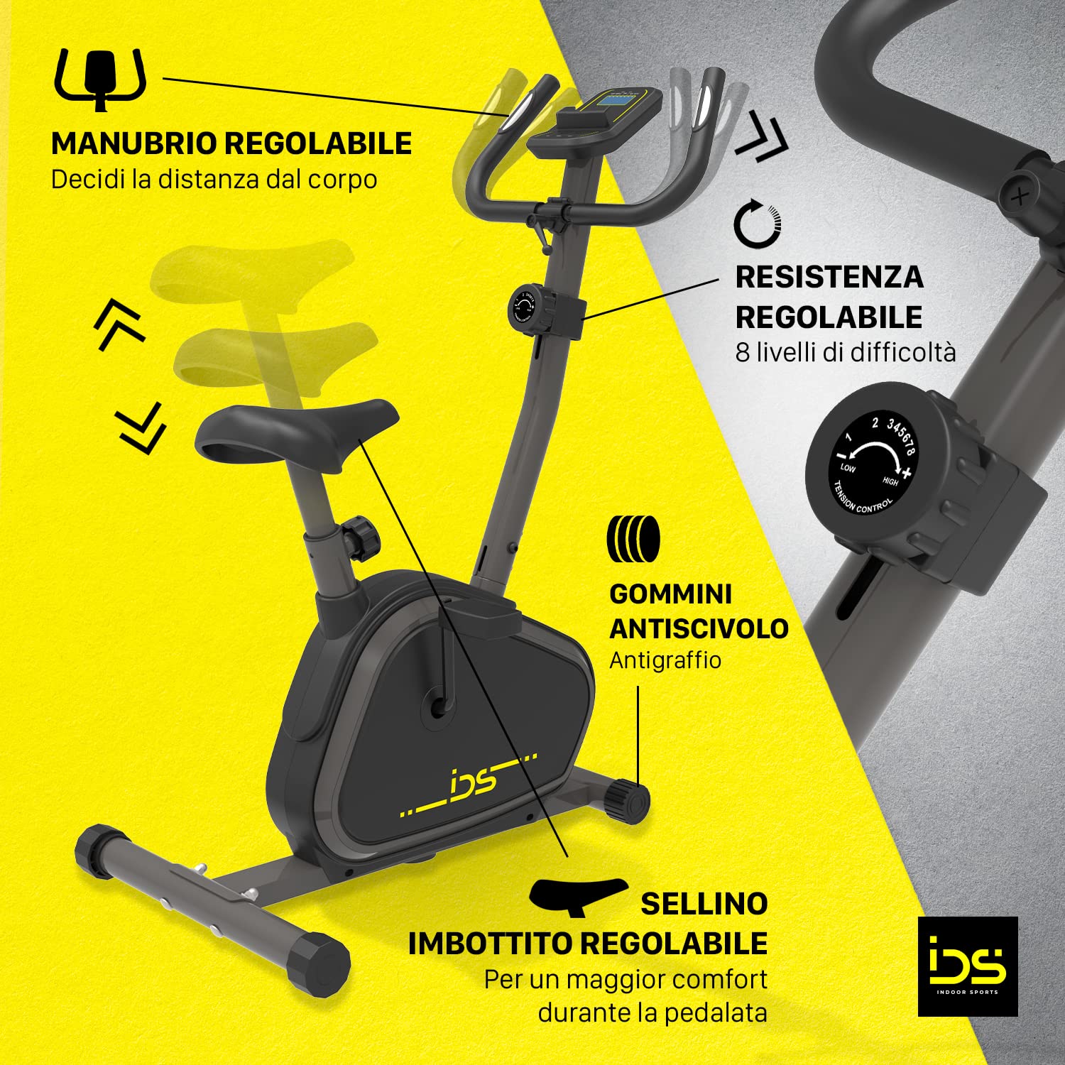 IDS Cyclette da Camera C100, Resistenza Magnetica 8 Livelli, Display Digitale Multifunzione, Sensori Cardio, Sella Regolabile Comfort XL, Pedali Tecnologia EasyFlow, Professionale, Sicura e Stabile