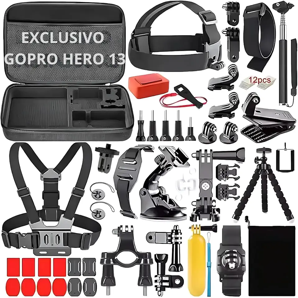 Acessórios para GoPro Hero 13 Kit com 65 Itens Maleta Protetora Suporte de Cabeça Tripé e Bastão para Esportes e Aventuras