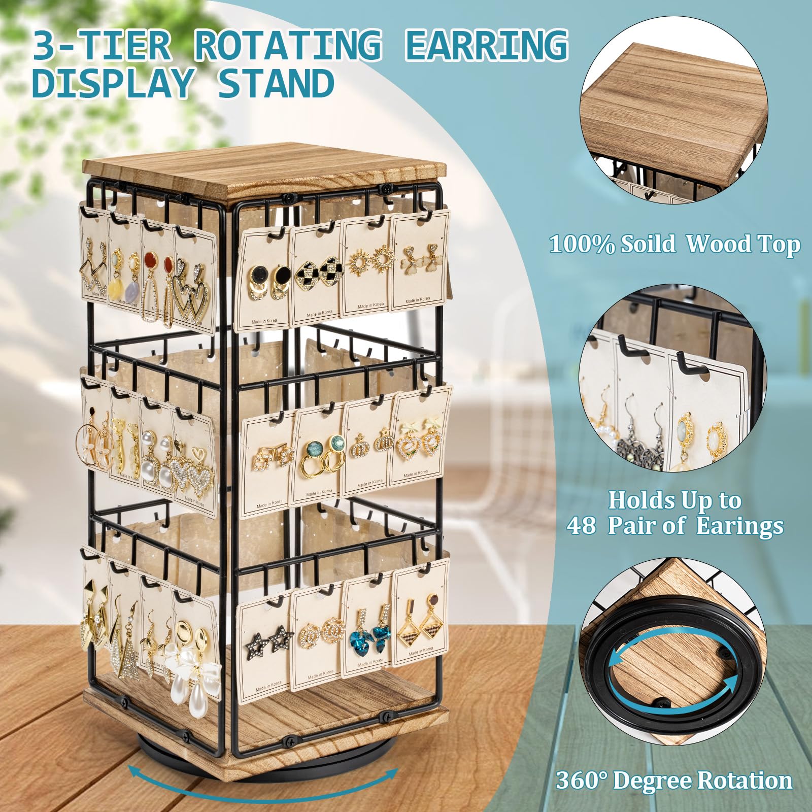 Porta orecchini - Espositore for orecchini rotante a 360° for la vendita, espositore for orecchini, espositore for gioielli con porta carte for orecchini, organizer for gioielli for orecchini for vetr