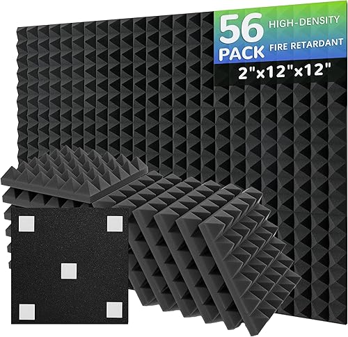 Paquete de 56 paneles de espuma acústica, 12 x 12 x 2 pulgadas, paneles de espuma a prueba de sonido para paredes, pirámide, insonorización, espuma