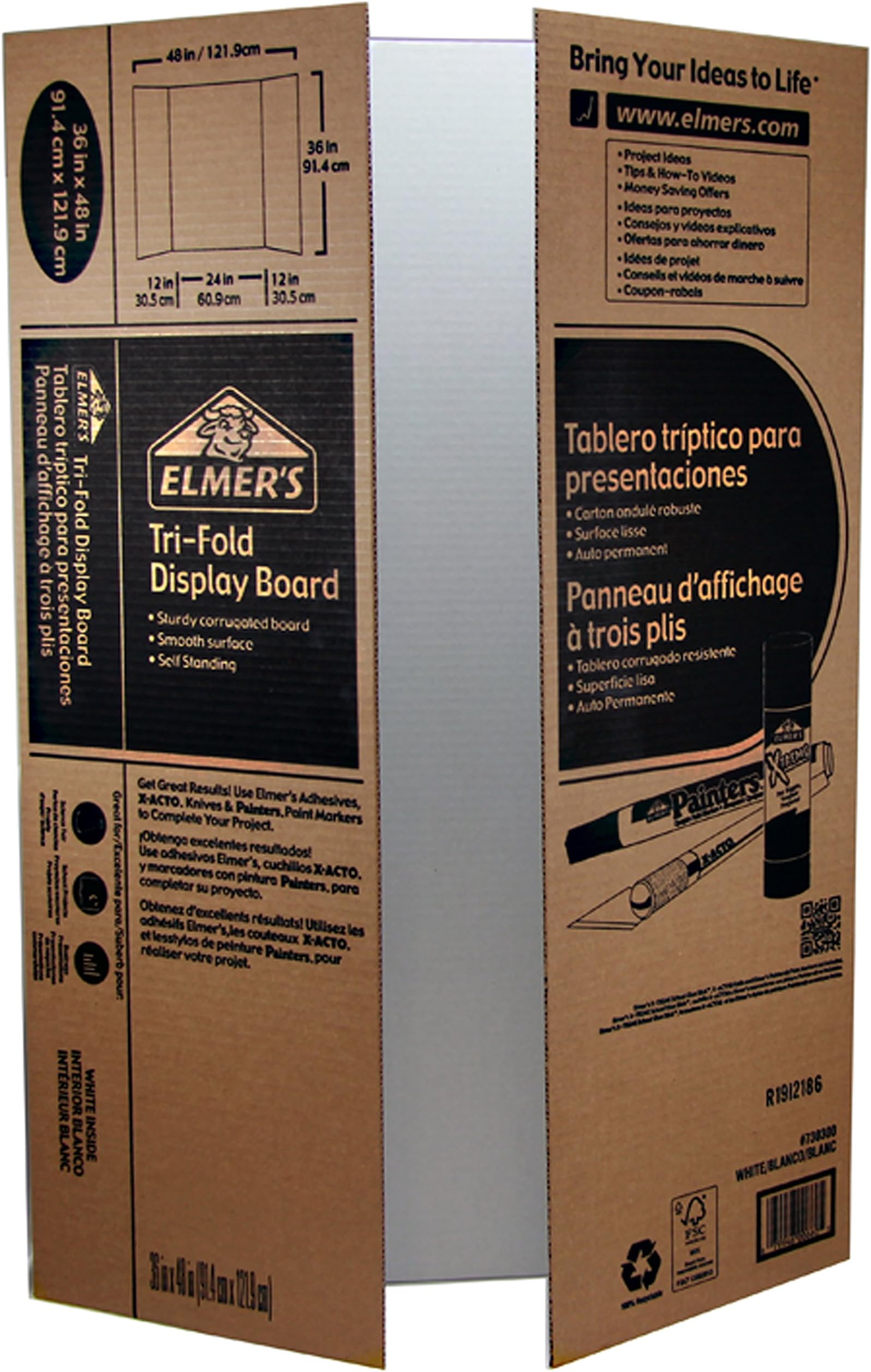 Elmer's Tri-Fold Corrugated Display Board, 36 x 48 Inches, White