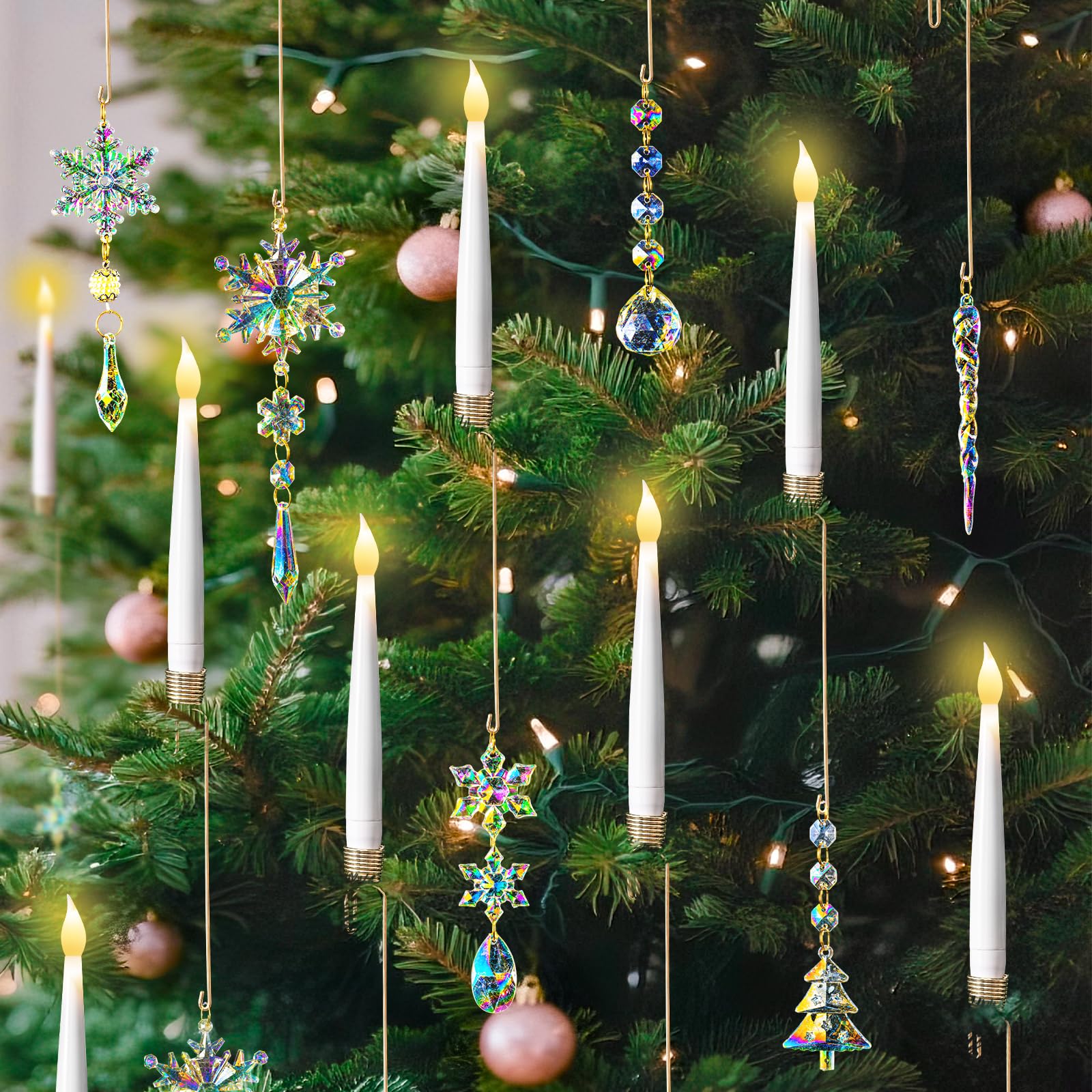 Lanpn Christmas Tree LED Candles 12 Pack, Flameless Taper Candle Battery Operated, Hanging Candles with Remote & Assorted Xmas Crystal Ornaments, Xmas Tree Winter Holiday Home Party Decor, Iridescent