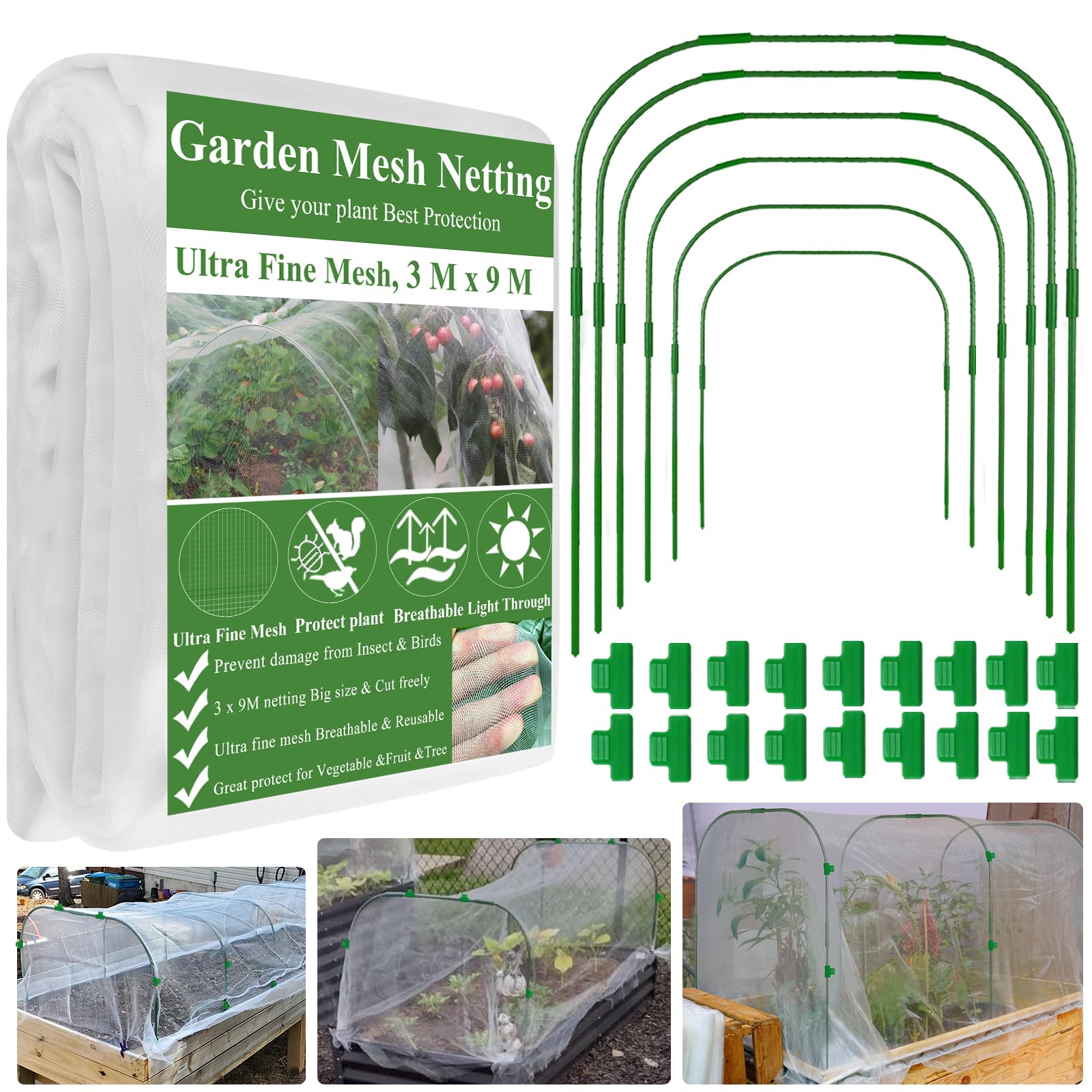 Garden Mesh Netting Kit,3x9M Fine Mesh Netting Pest Barrier with 6 Set Wide Garden Hoops 18 Clips for Bug Net Raised Beds Protect Vegetables Plants Fruits Flowers Plants Cover Net