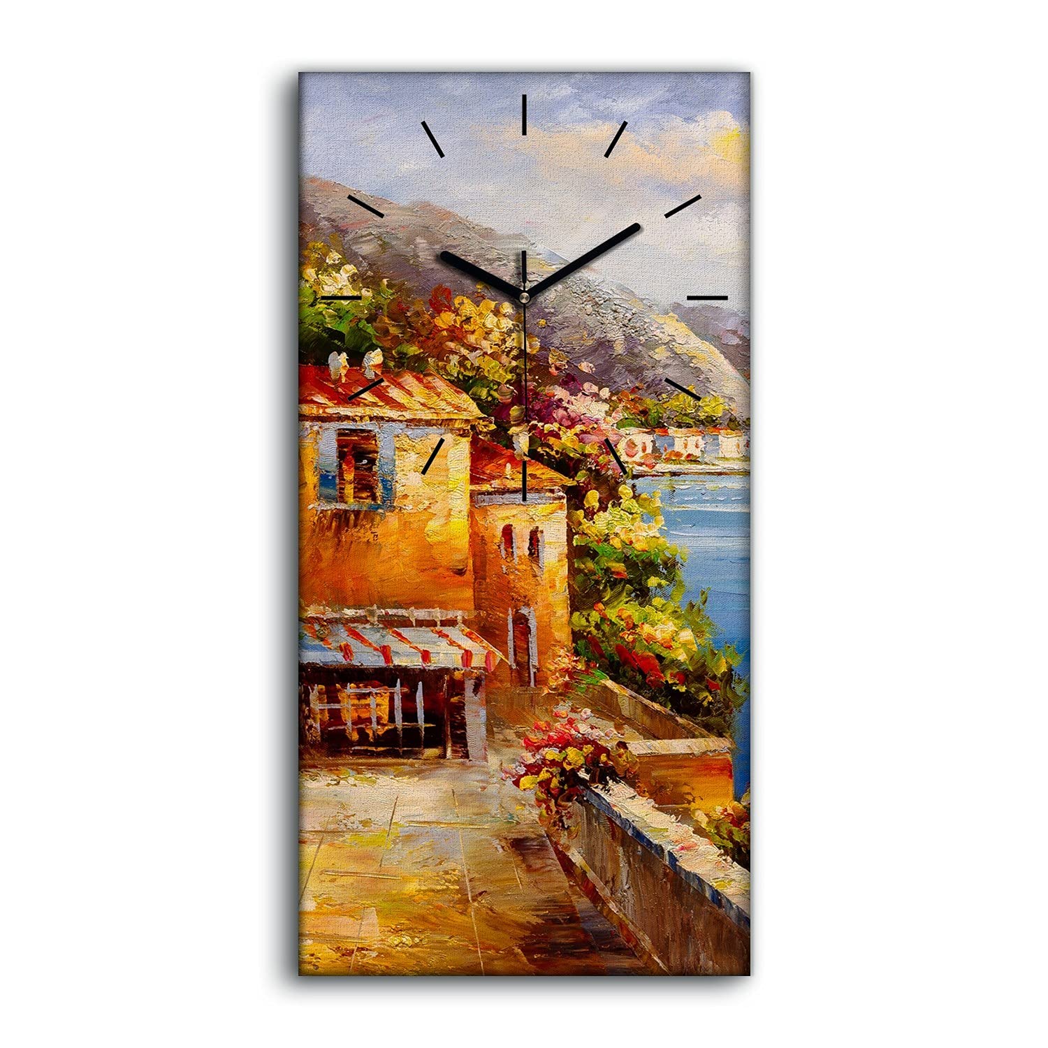 Horloge sur toile moderne 30x60cm pour salon silencieuse vue mer et fleurs