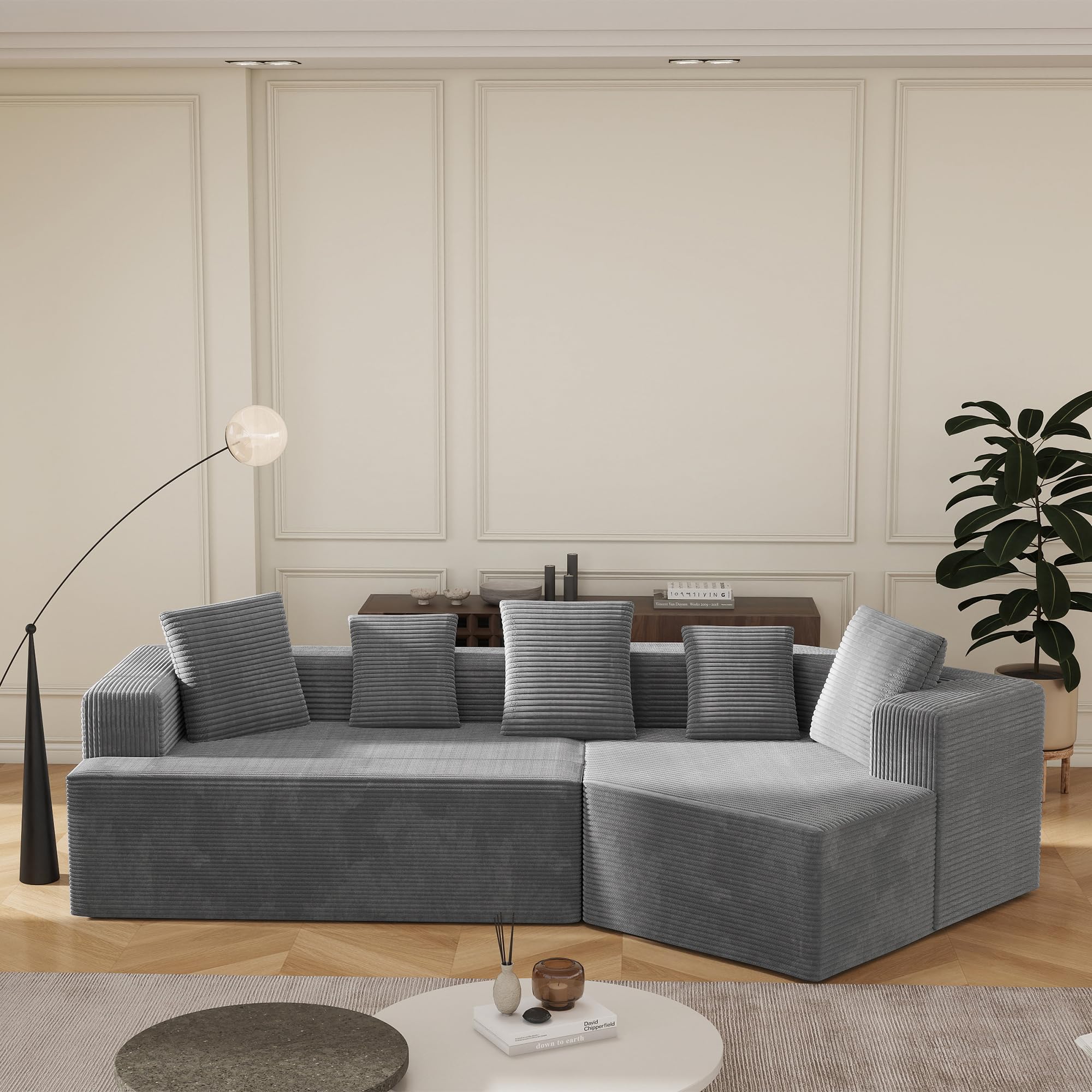 Canapé D'angle Modulaire Sans Dossier | Velours Côtélé | Assise Profonde 70 Cm | Méridienne Inclinable | 3 Places