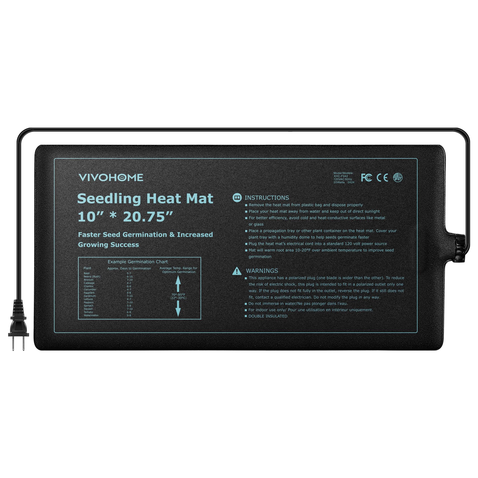 VIVOHOME 20W Waterproof Seedling Heat Mat for Seed Starting Propagation and Increase Germination Success 10 Inch x 20.75 Inch