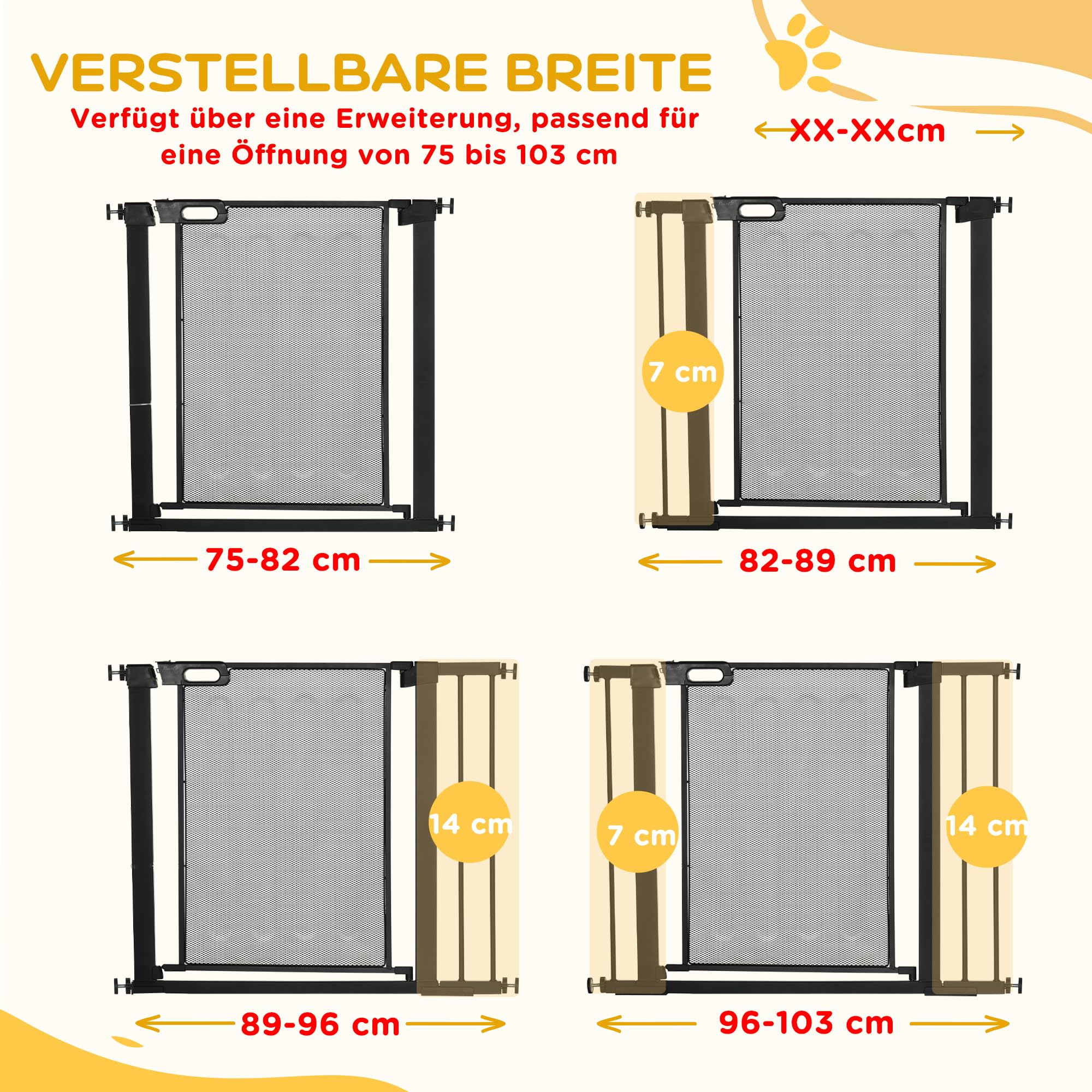 PawHut Türschutzgitter Türgitter ohne Bohren für Breiten 75-103 cm Schwarz | Treppenschutzgitter, Treppengitter, Stahl
