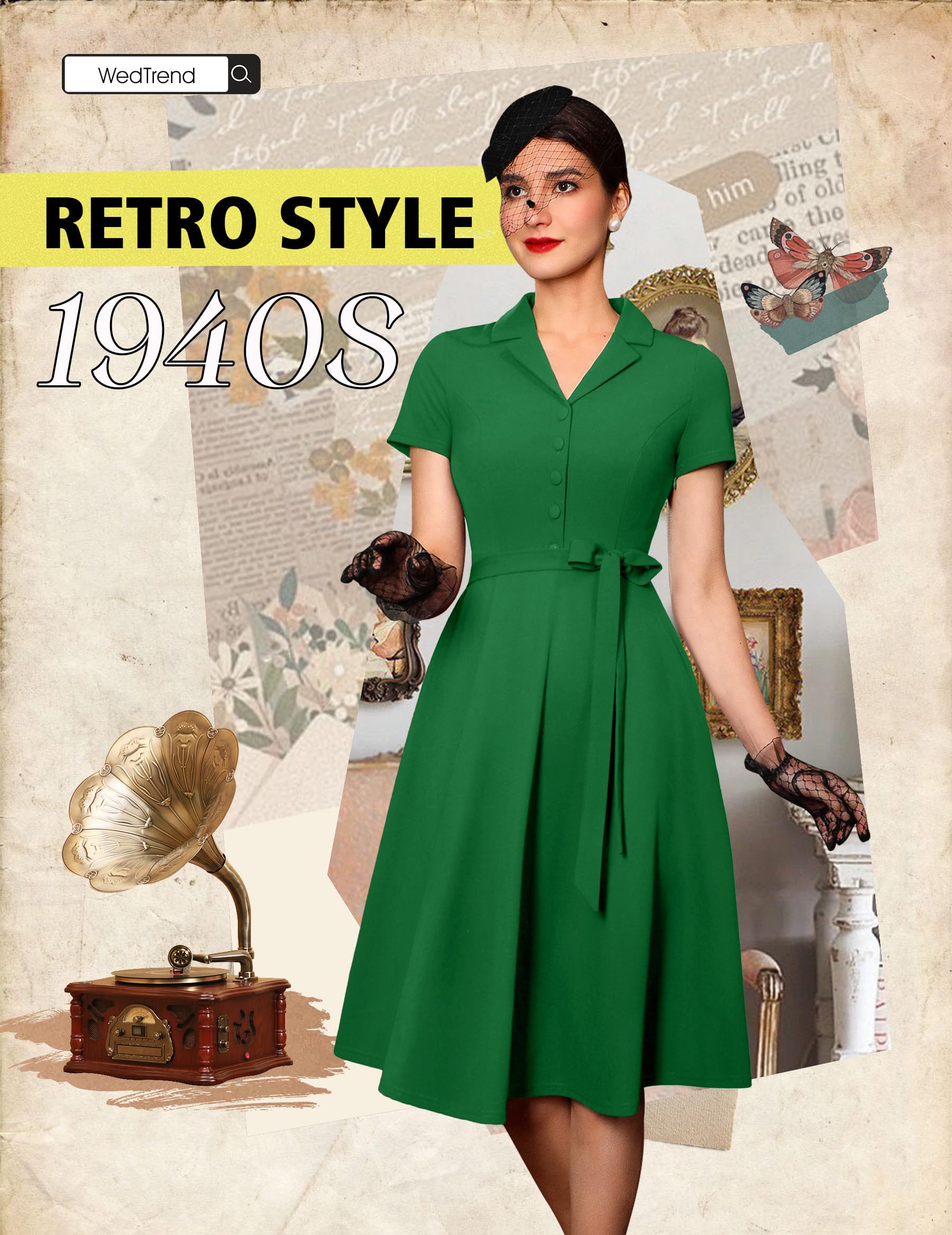 Wedtrend Damska sukienka herbaciana w stylu vintage, z krótkim rękawem, koktajlowa, na imprezę, do pracy, kościoła, na co dzień