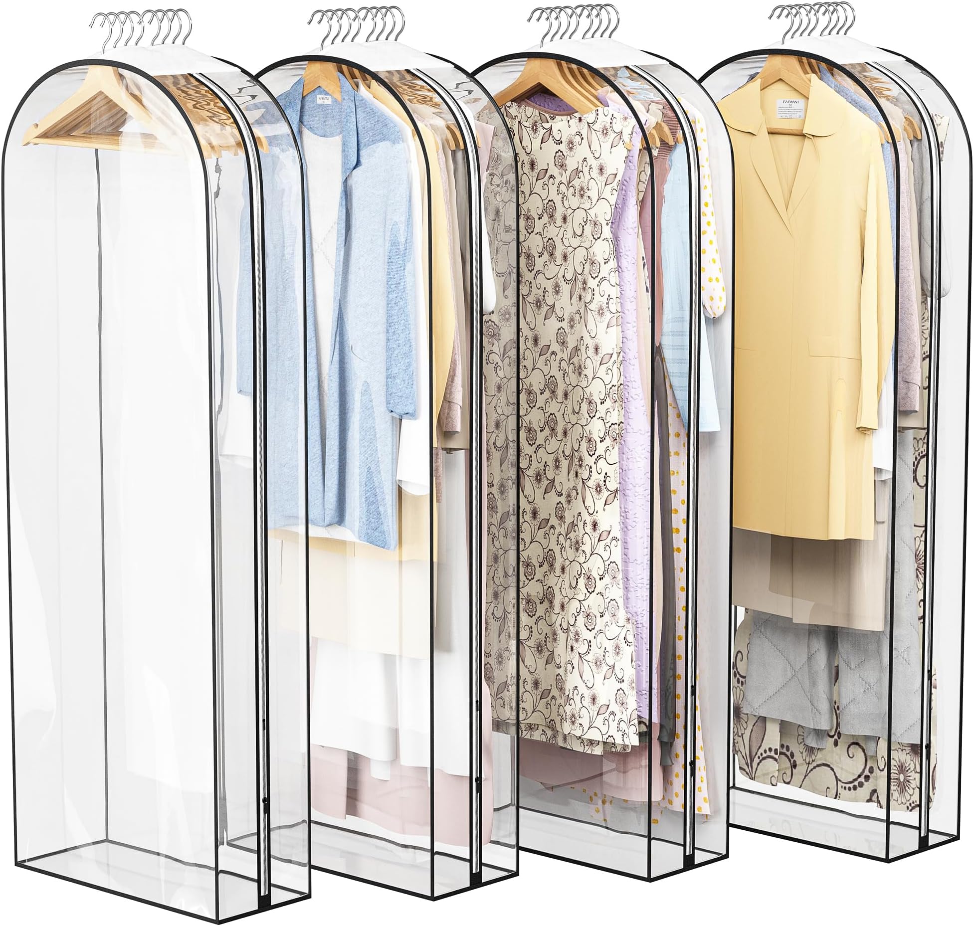 Clear Garment Bag for Hanging Clothes 10” Gusseted, 60” Suit Bags for Open Closet Storage Plastic Clothes Cover for Coat, Dress, Shirts, Fur, Jacket, Wardrobe Protectors, 4 Pack