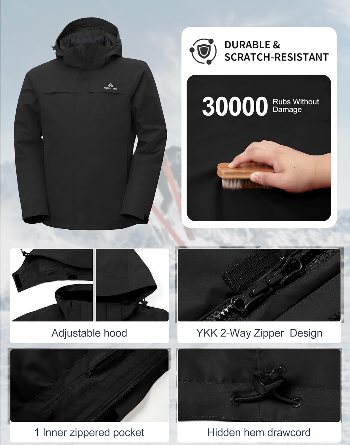 Pioneer Camp Men's 3-in-1 Ski Jacket Waterproof Windproof Winter Insulated Snow Rain Coat Hooded with Thermal Puffer Liner - Image 6