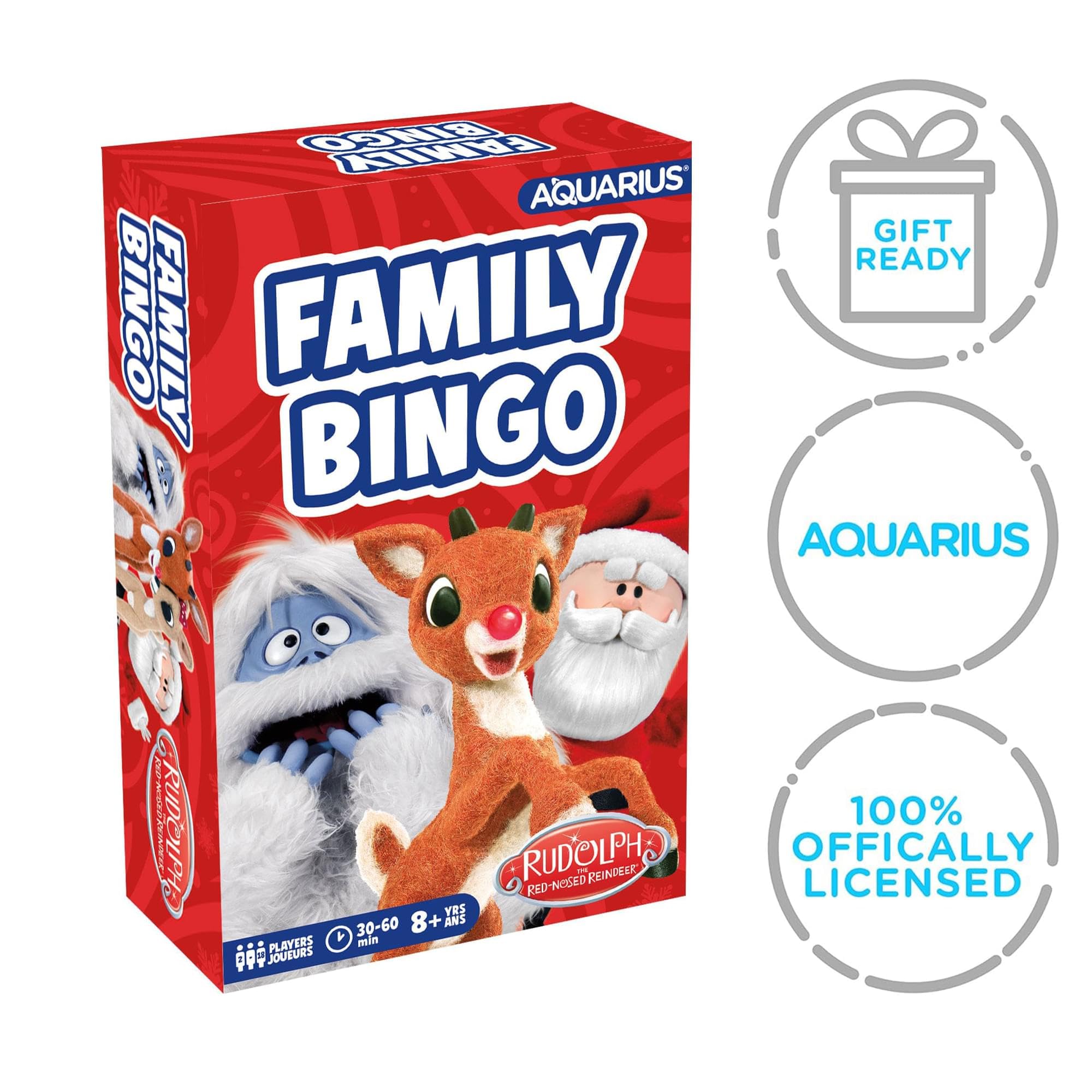 AQUARIUS Rudolph The Red-Nosed Renna Family Bingo - Divertente gioco per feste in famiglia per bambini, ragazzi e adulti, regalo divertente per la notte di gioco, prodotto con licenza ufficiale