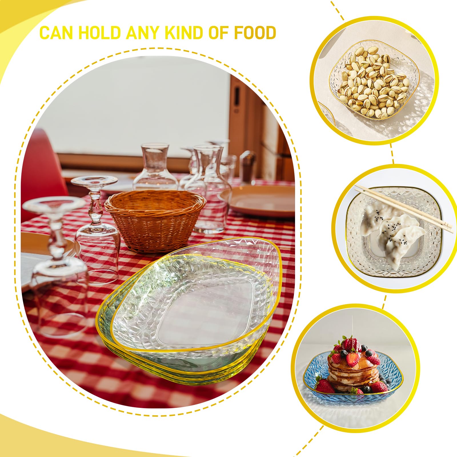 Juego de 4 platos de postre de 6 pulgadas, cuencos de pellizco para preparación de cocina, platos de plástico reutilizables con borde dorado y borde elevado, platos pequeños para aperitivos