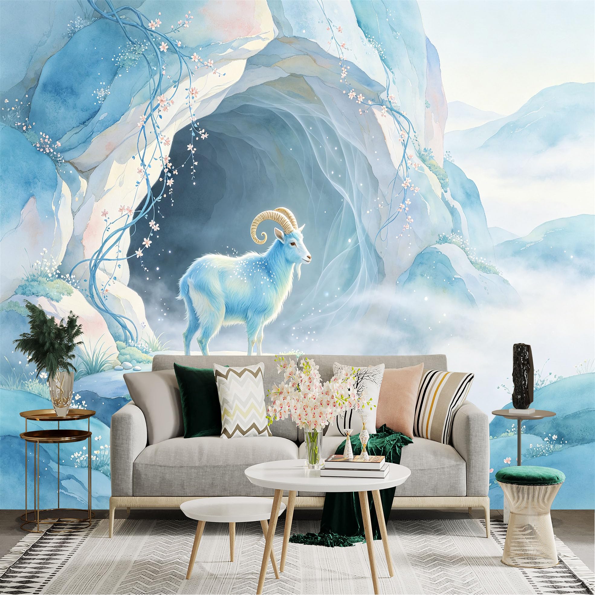 Lnzczhyre Bh260719291 Custom Size Wall Sticker Mural， Ethereal Blue Goat In Misty Cave， Watercolor Mountain Scenery， Soft Floral Vines， For Wall Decoration， Peelandstick Wall Decals.