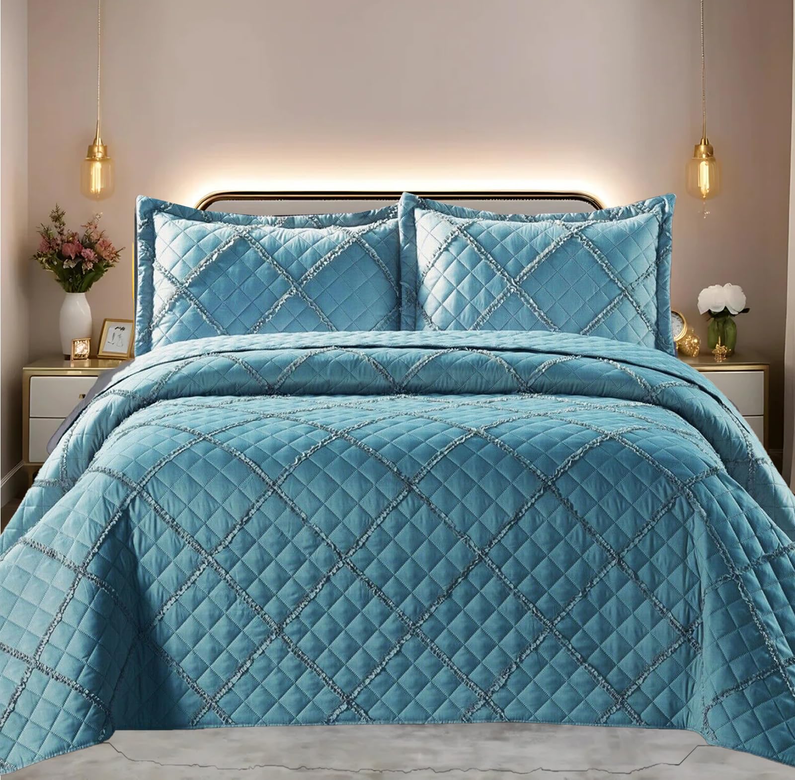 Luxury Quilted Bedspread Set with Pillow Shams – Soft Lightweight Comforter Coverlet for All Seasons, Elegant Diamond Pattern Bedding (Blue, King)