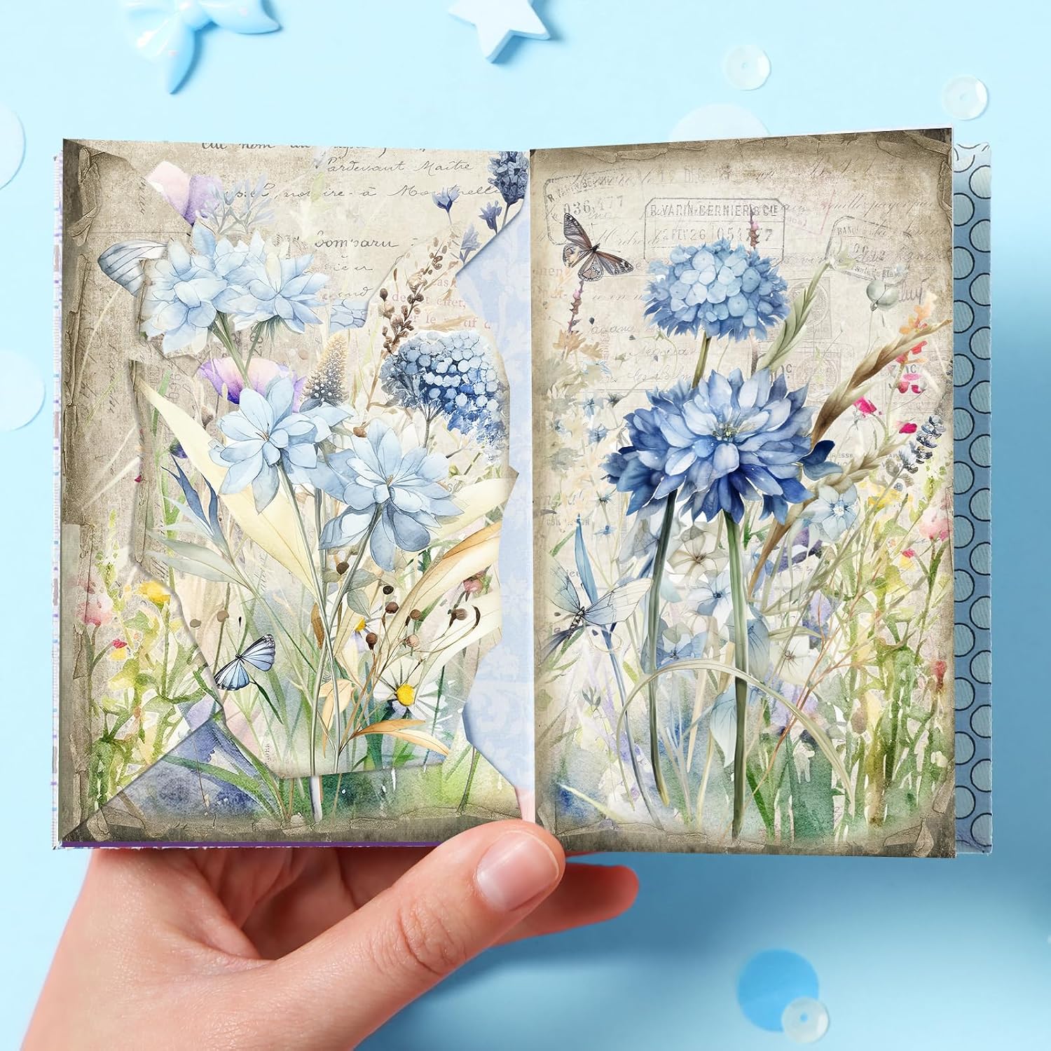 60 Sheets Spring Floral Scrapbook Paper, 11'' x 8.5'' Double - Sides Blue Floral Decorative Craft Paper Folded Flat for Birthday Card Making Photo Album Junk Journals Supplies (A)