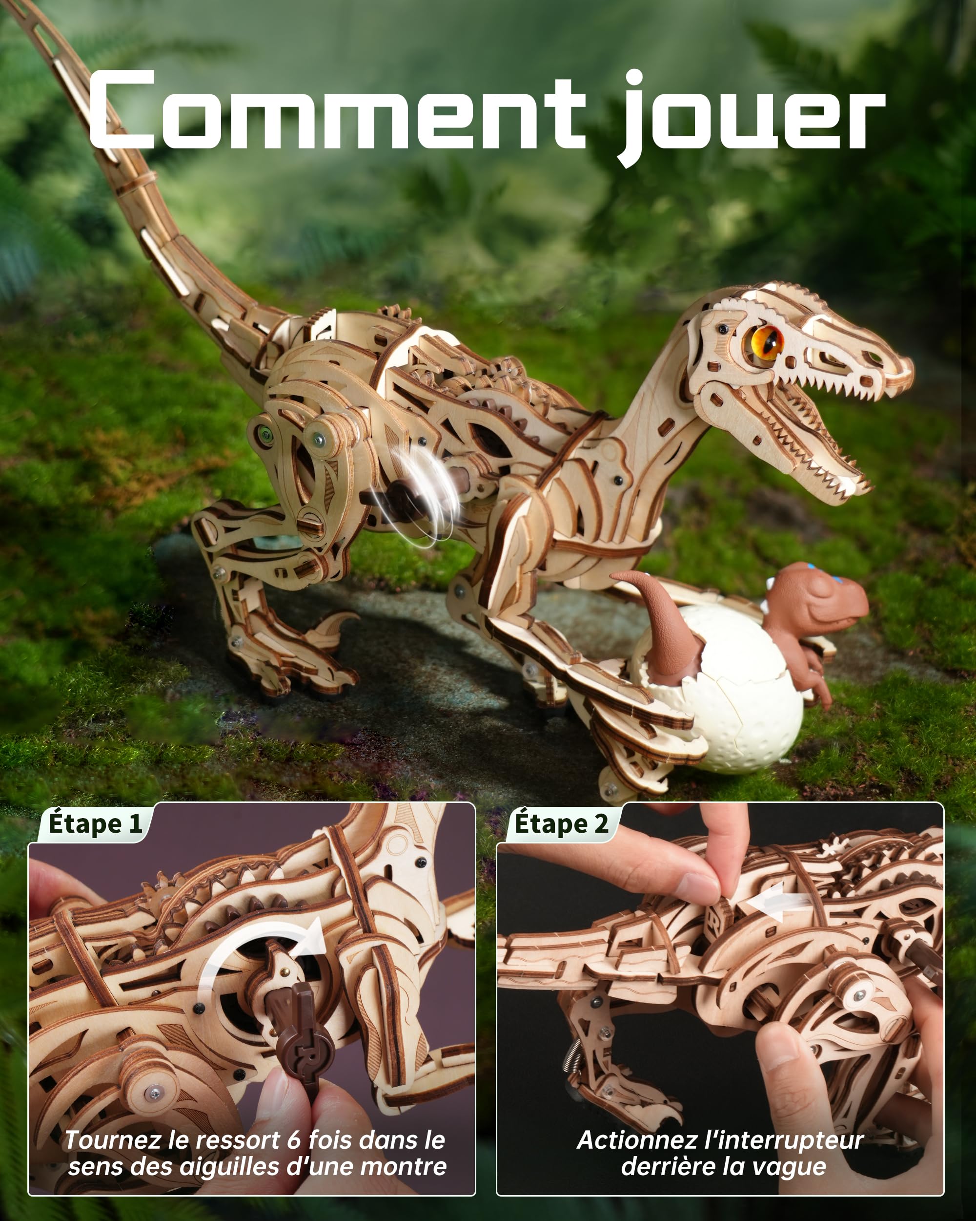 ROBOTIME Puzzle 3D Dinosaurier Kit pour Adultes & Enfants, Modèle Velociraptor à Remonter, Jouet Éducatif STEM, Kit Construction Mécanique, LD01