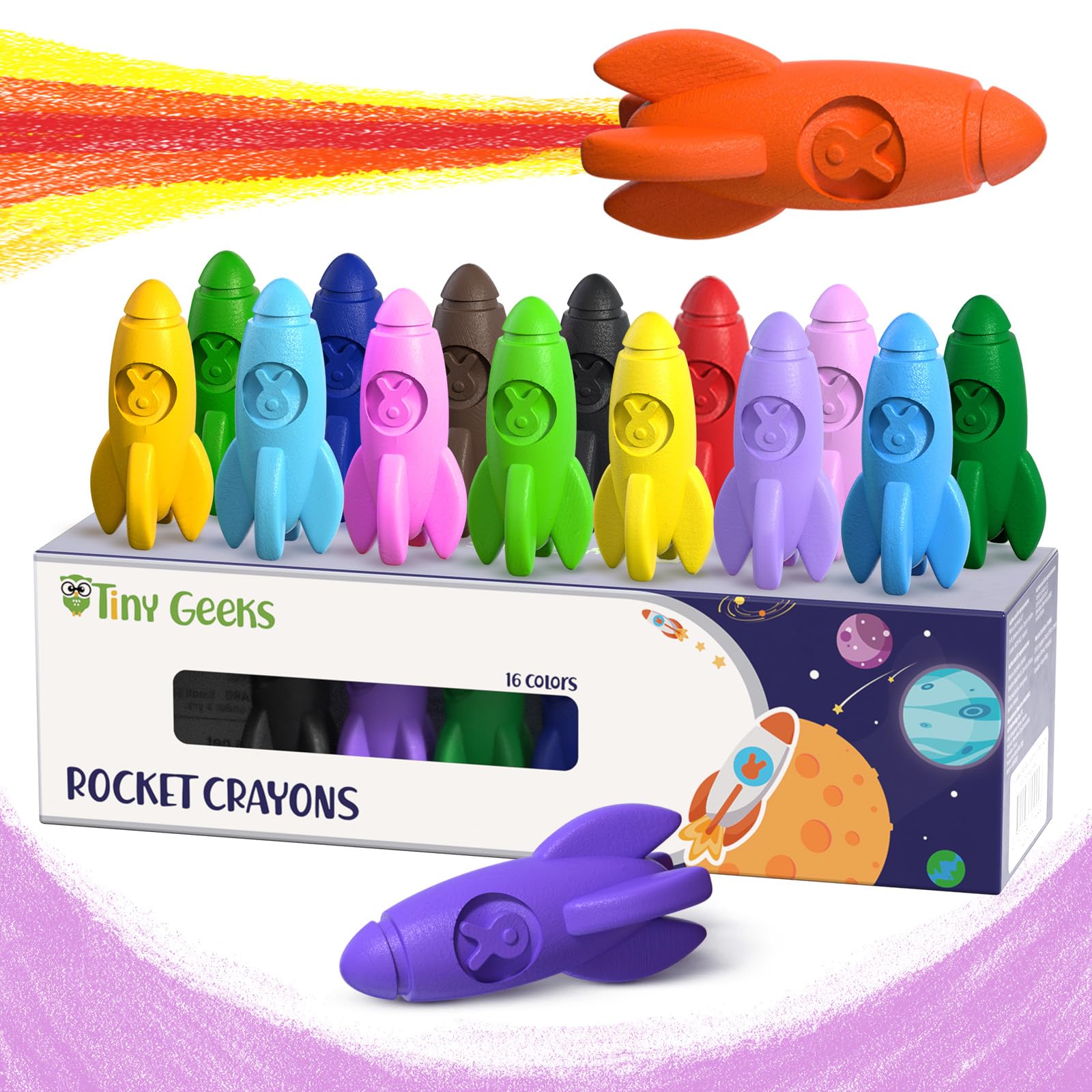TinyGeeks 16 Rocket Crayons, Non Toxic, Washable, for Toddlers Kids Ages 4-8, Easy To Hold