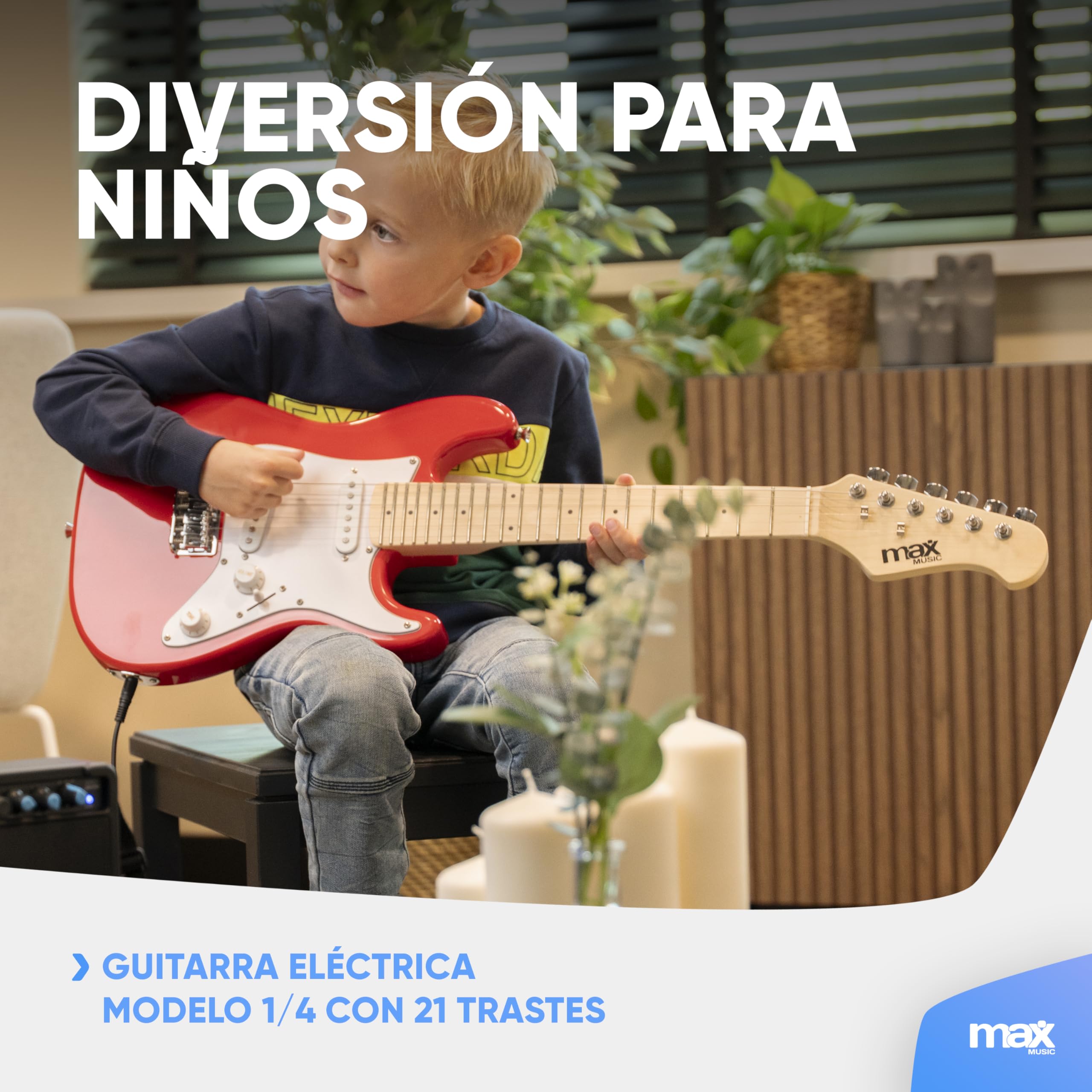 MAX GigKit Junior 1/4 - Guitarra eléctrica color rojo brillante | Tamaño 1/4 para usuarios de 3 a 7 años, amplificador de 10W incluido, incluye funda mochila, afinador y gafas Rock Star
