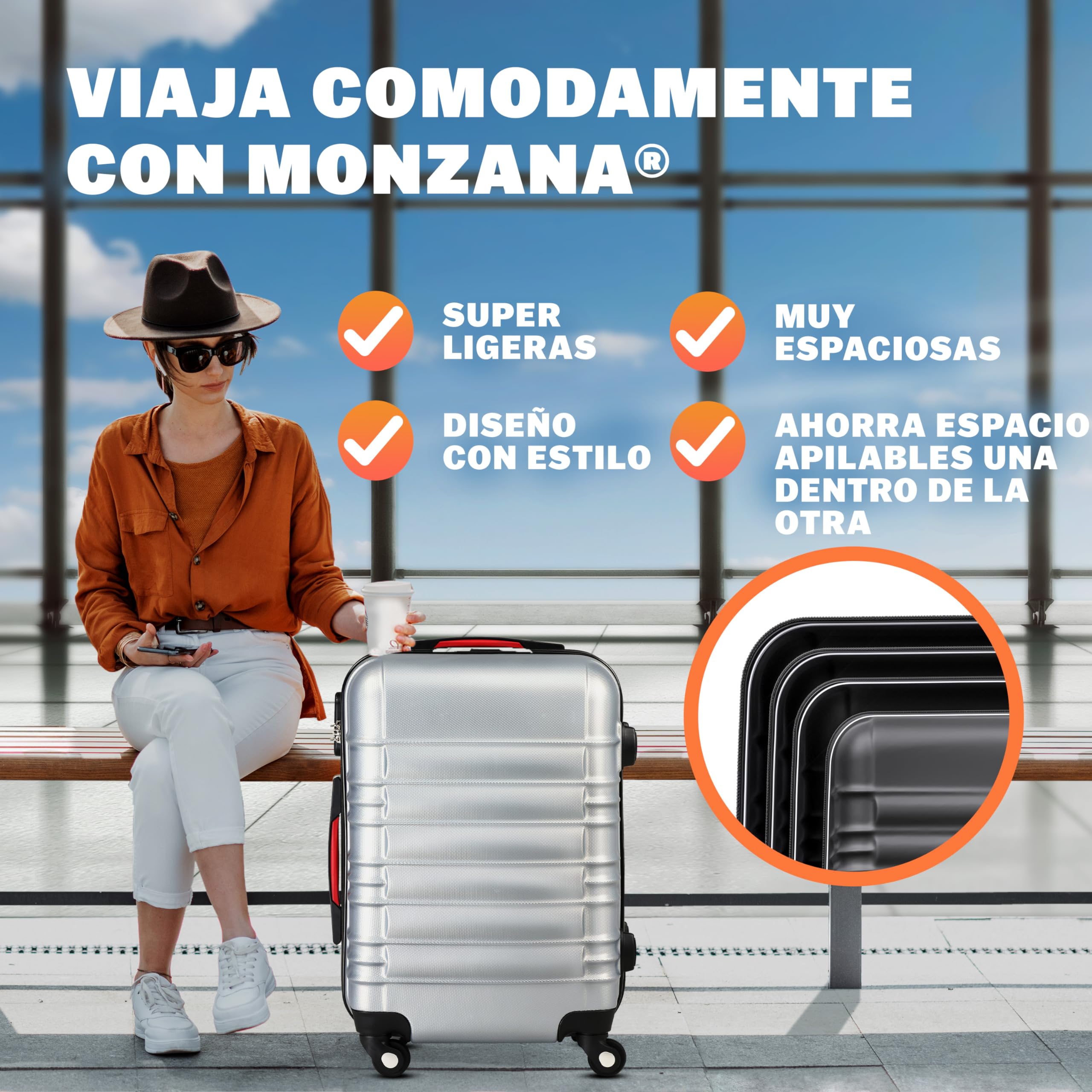 MONZANA® Maletas de Viaje Set 4 S-M-L-XL Equipajes Rígidos ABS Plata Asas de Gel Ruedas 360° Pies de Bloqueo