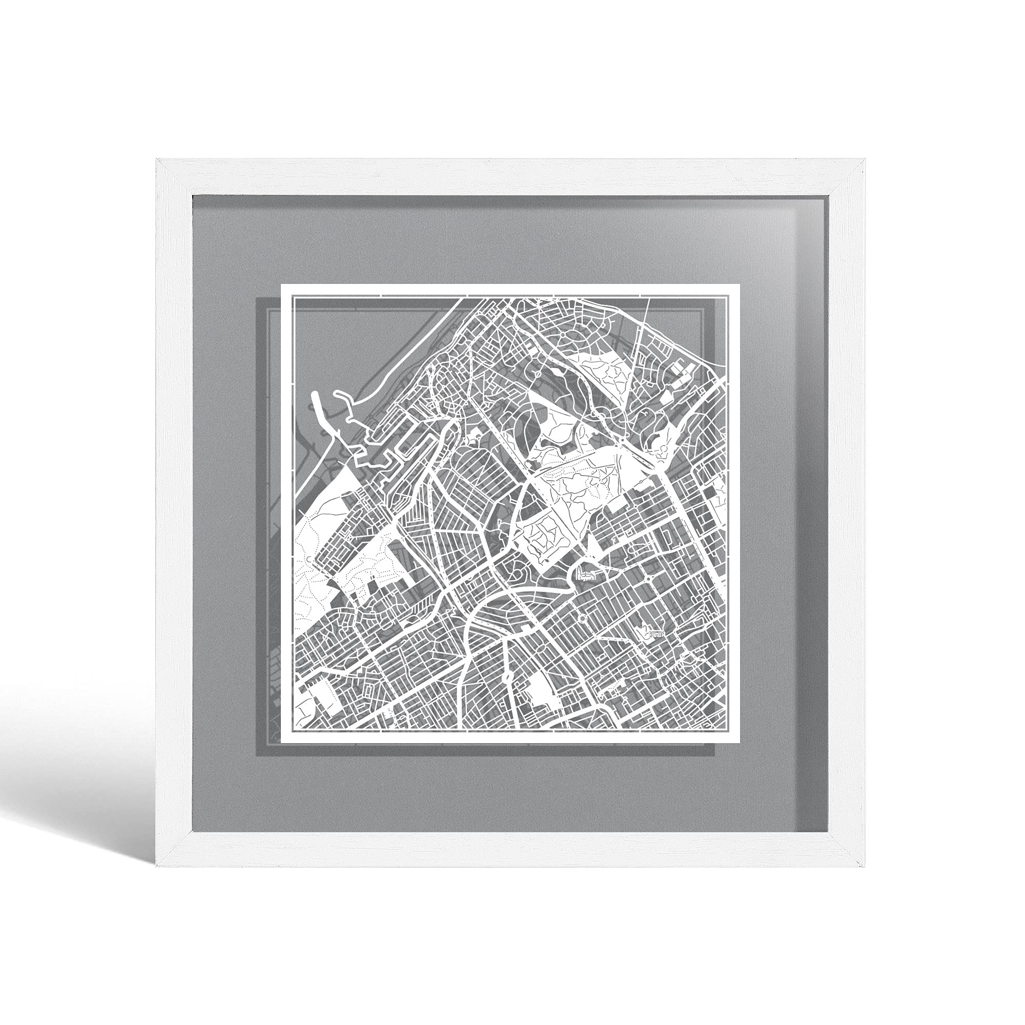 O3 DESIGN STUDIO The Hague Paper Cut Map framed, White map, White frame, 23x23 cm, Gift Boxed, 4 background color, self-changing, Paper Art — image 1