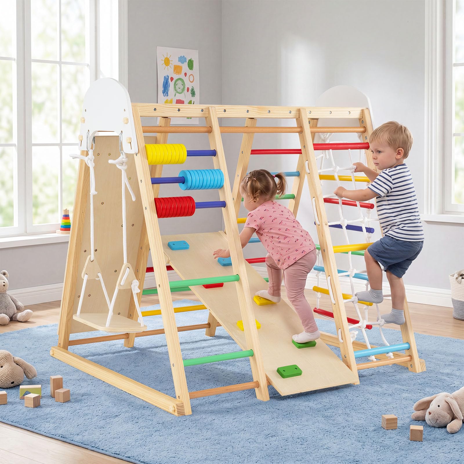 COSTWAY 8 in 1 Indoor Klettergerüst aus Holz für Kinder ab 3 Jahren (Bunt) | Klappbares Kletterspielzeug Set mit Hangelgerüst, Klettersteine, Kletterrampe, Kletternetz, Kletterseil, Leiter & Schaukel