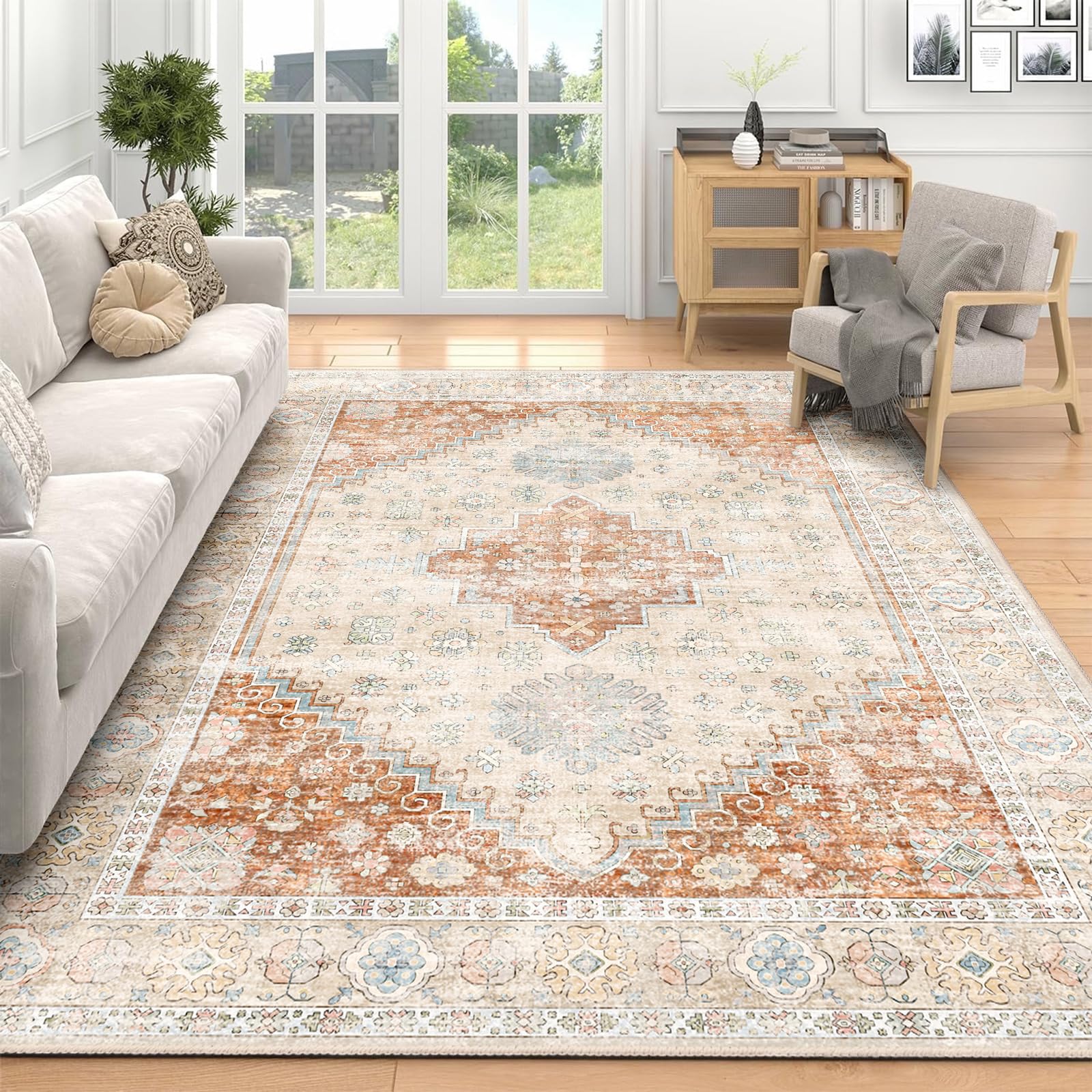 MUJOO 5x7 Area Rugs Washable,Boho Rug for Living Room Bedroom Dining Room Office,Large Throw Carpet,Non Slip Big Soft Indoor Low Pile Terracotta