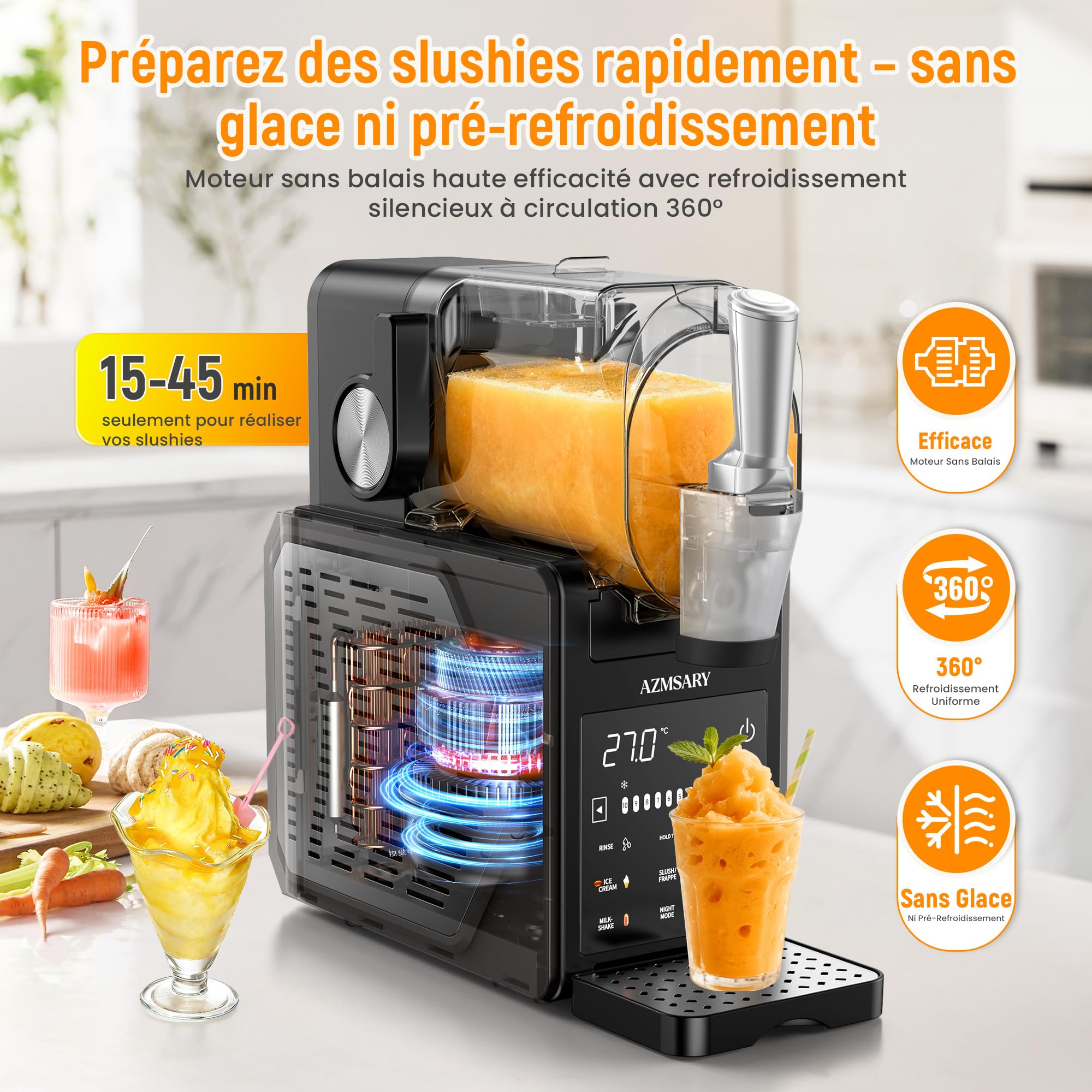 Machine à granita – 2,5 L slushie pour la maison, avec écran LED, 6 programmes préréglés pour crème glacée, margaritas, frappés, milkshakes, nettoyage automatique, sans glace (Black)