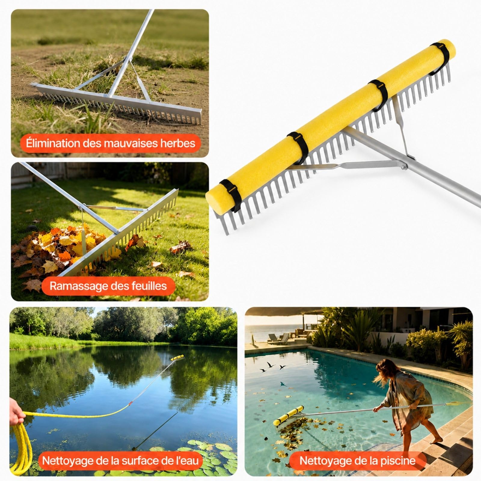 Aluminiumrechen für Laub und Gartenarbeiten, Handwerkzeug mit Stiel für Landschaftsgestaltung, Hof, Teich, Kies, Strand und Rasenpflege