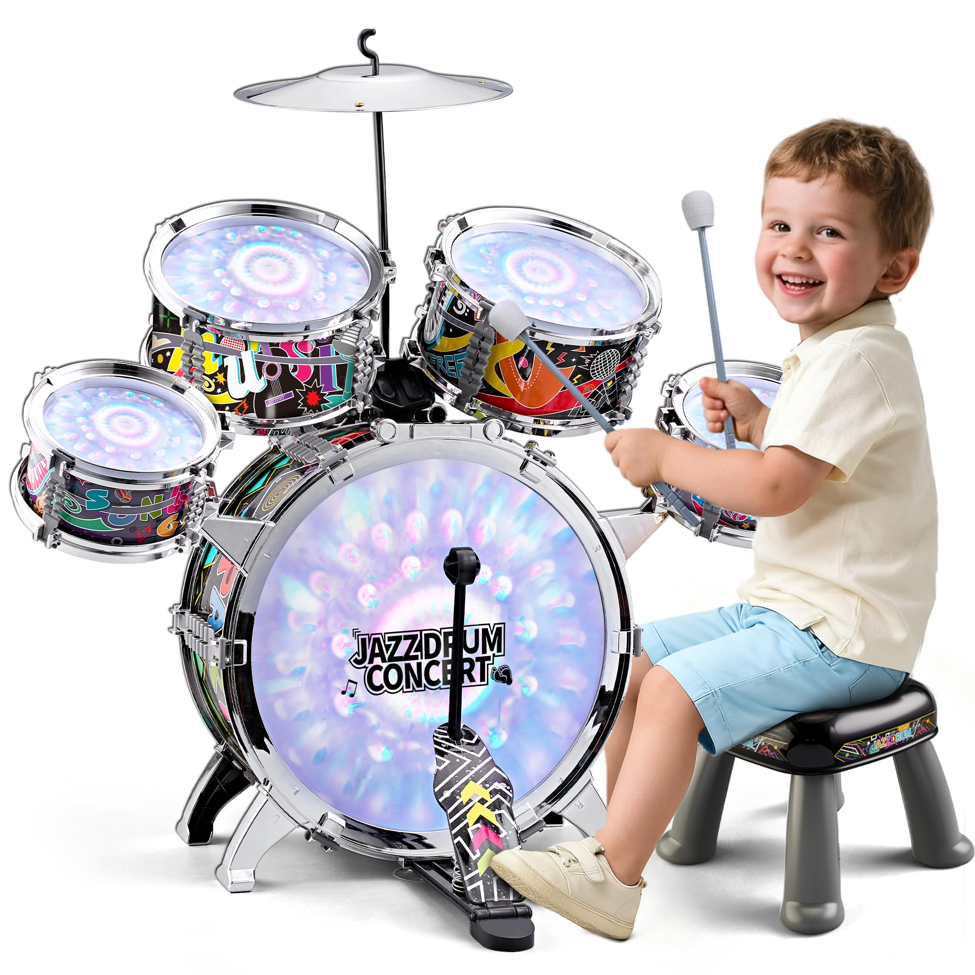 Kids Drum Set with Light with 5 Piece High Mini Musical Jazz Drum Kit Percussion Beginner kit for