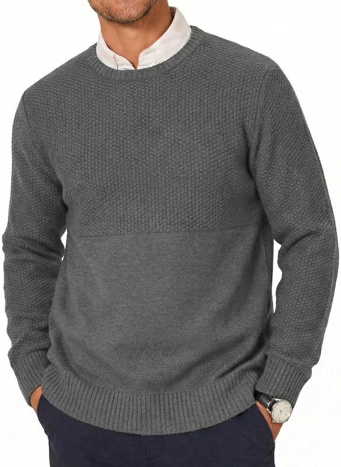 YTD Men's Crewneck Pullover Sweater Textured Long Sleeve Knitted Sweaters