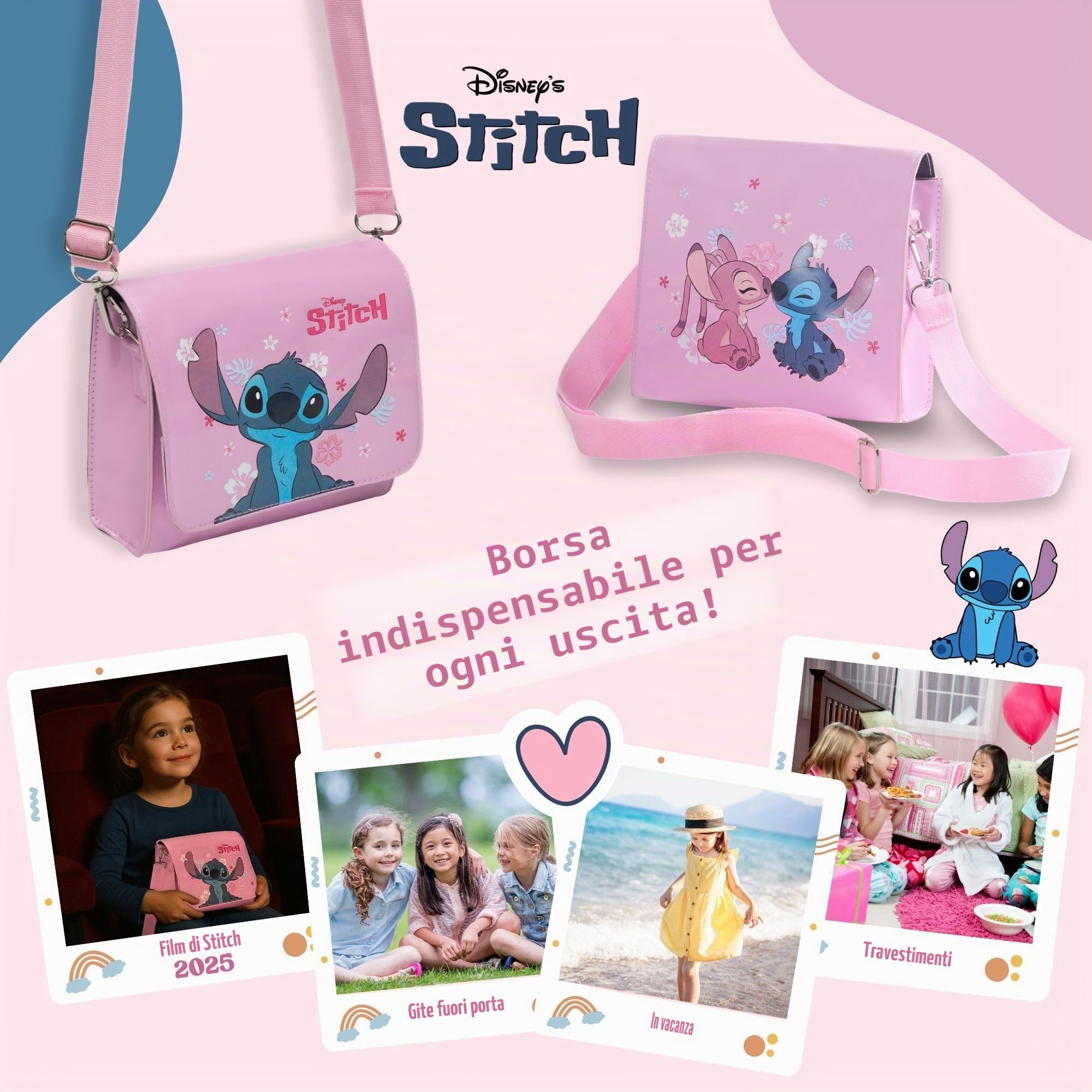 Borsa a tracolla rosa Disney Stitch & Angel per ragazze – Lilo & Stitch film ufficiale | Simpatica borsa a tracolla per bambini e adolescenti | Regali per ragazze | Tracolla lunga regolabile