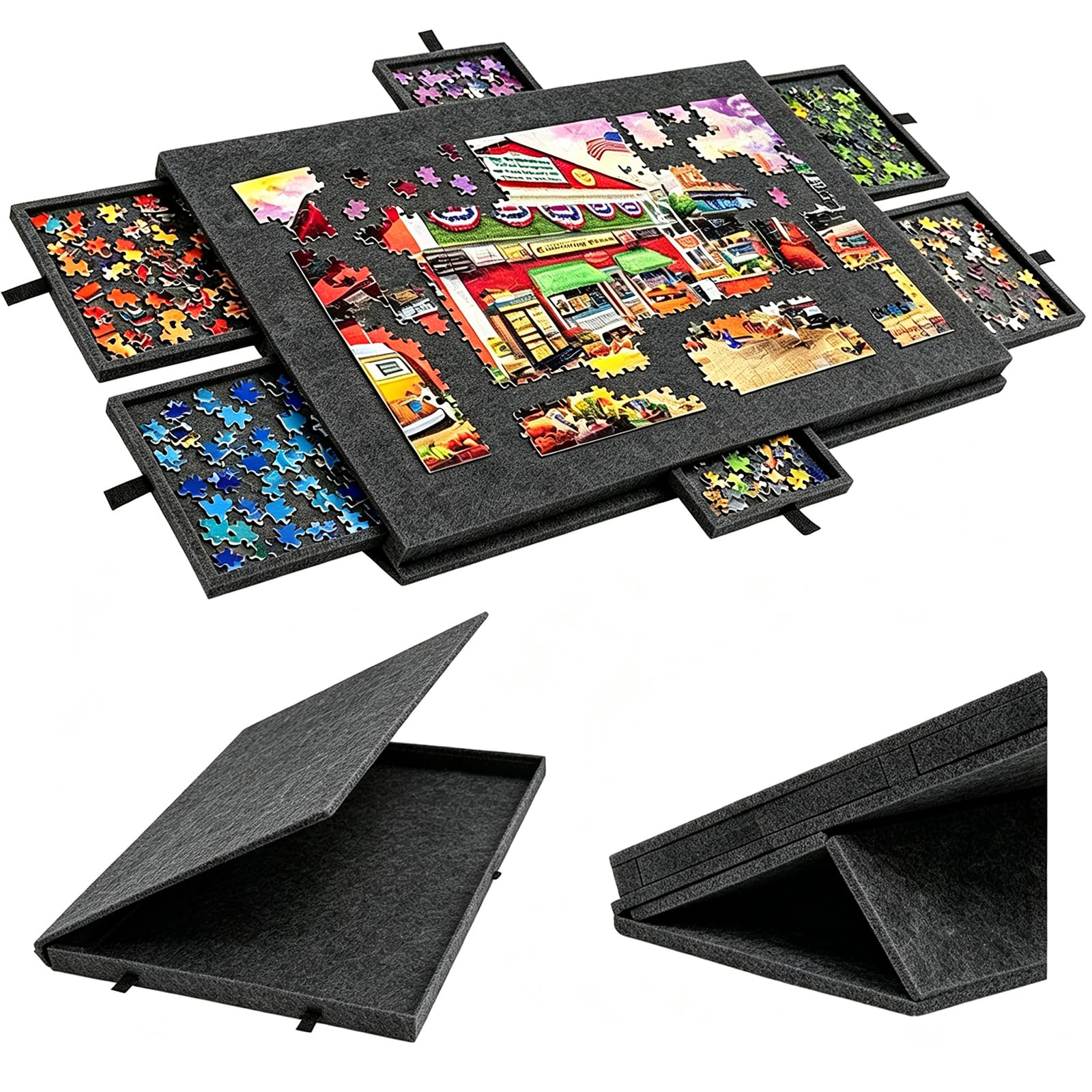 Deska do puzzli 2 w 1 na 1000 elementów z 6 szufladami, uchylny i składany stół do puzzli z filcu z pokrywą i stojakiem, przenośna teczka do przechowywania puzzli (czarna)