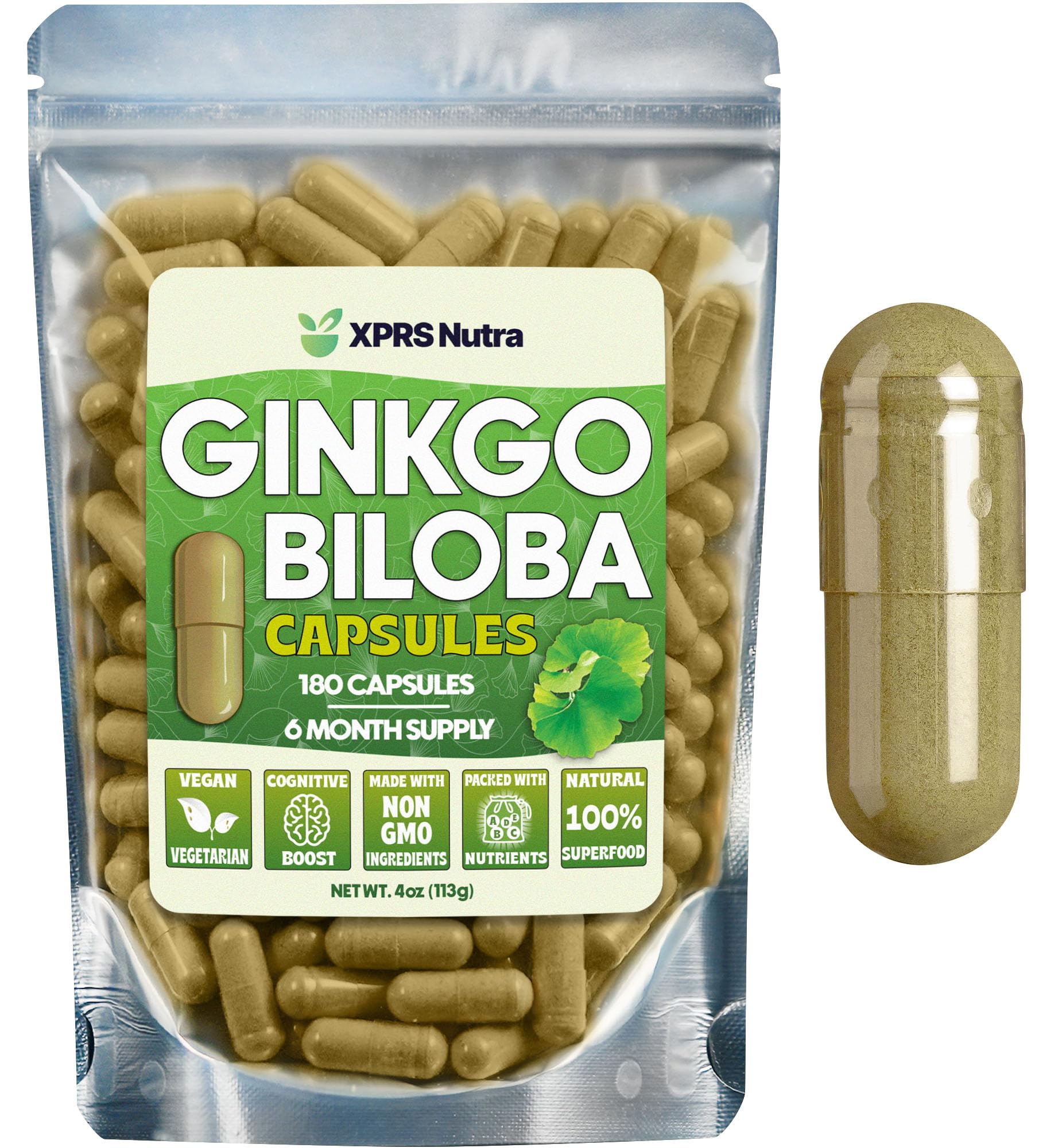 XPRS Nutra Ginkgo Biloba Capsules - Gingko Biloba Encapsulated Supplements for Cognition - Vegan Friendly Ginkoba Biloba - Immunity Boosting Ginkgo Biloba Capsules - 180 Count