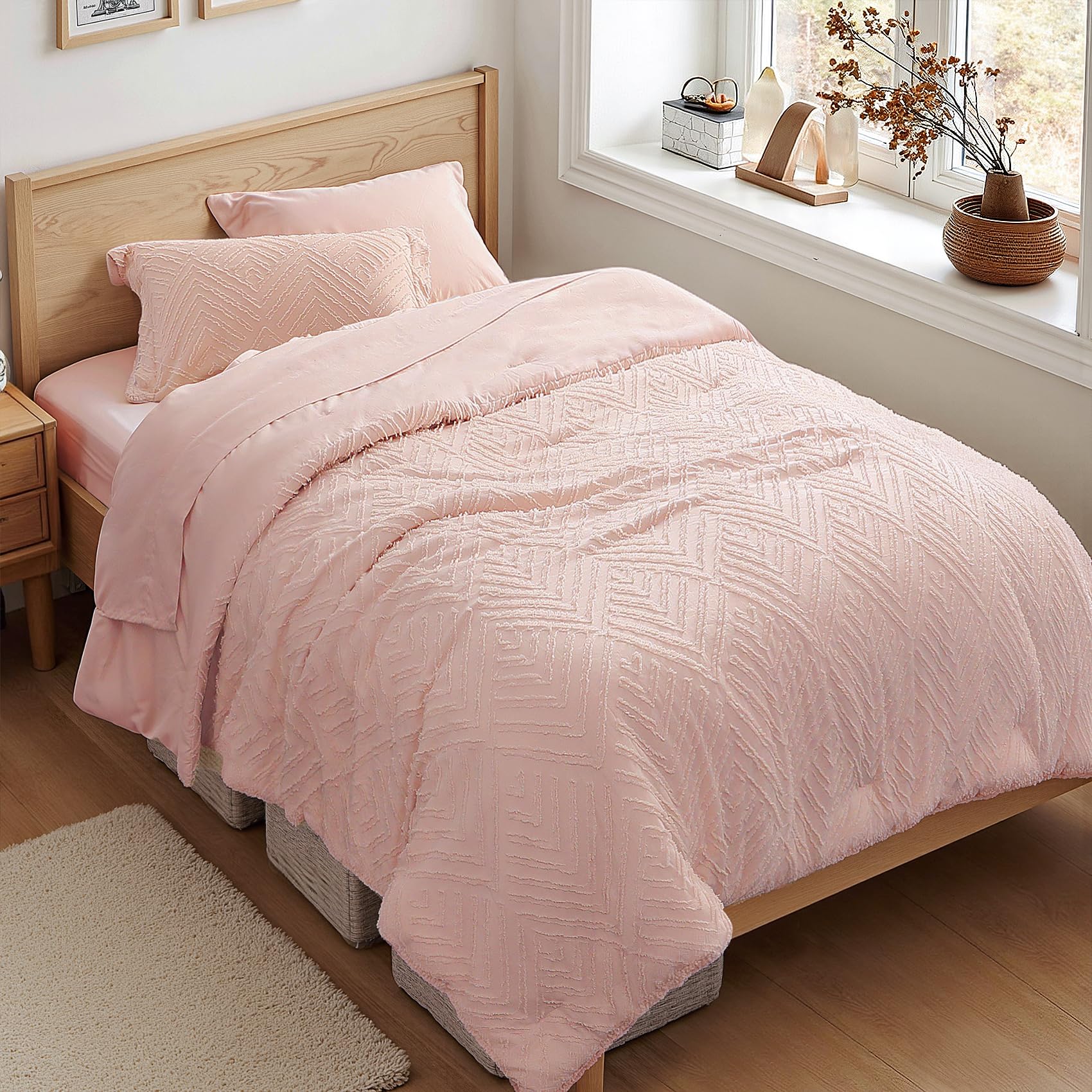 Zzlpp Twin Comforter Set 5 Pieces, Pink Tufted Bed in a Bag with Comforter and Pillowcase, All Season Boho Bedding Sets with 1 Comforter, 1 Pillow