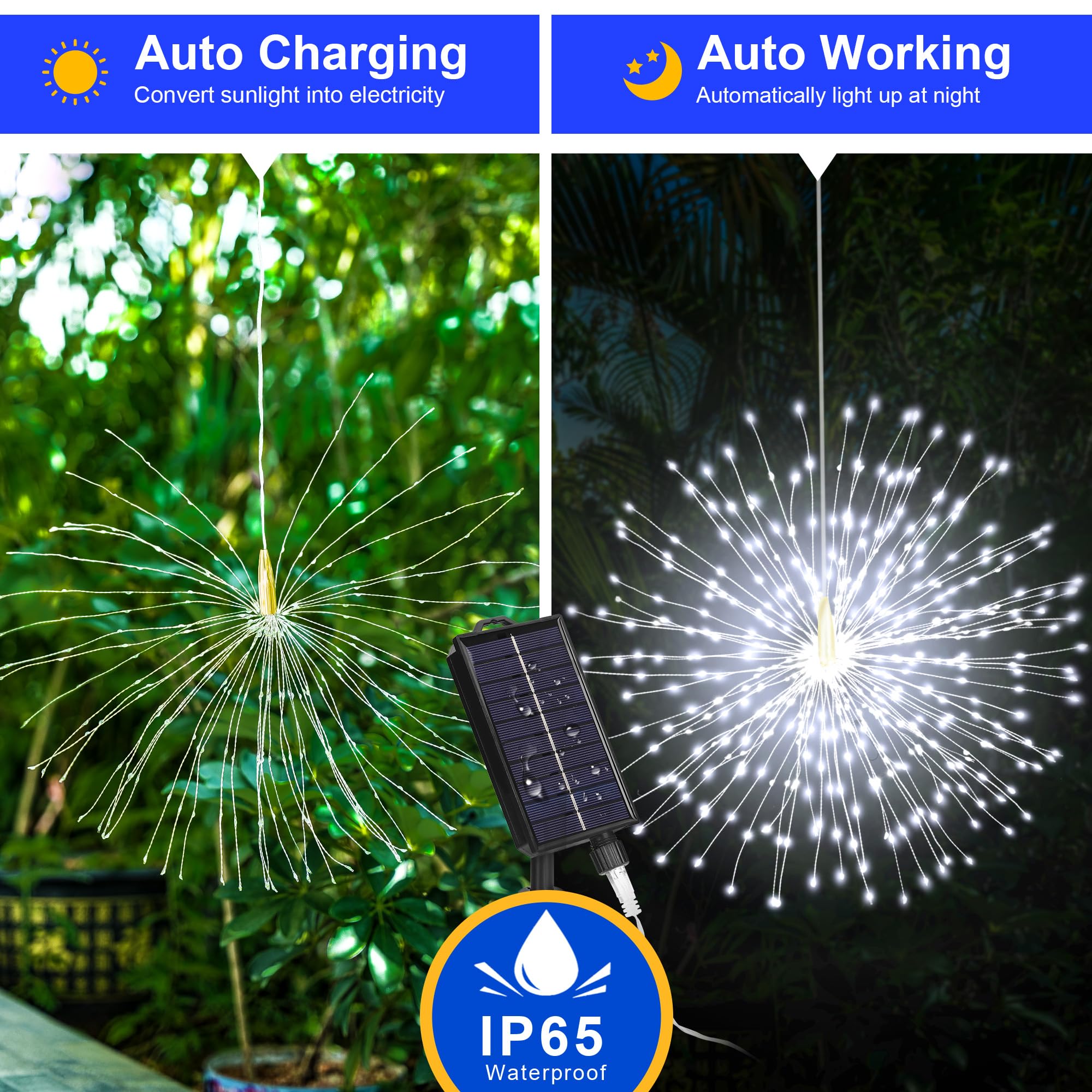 Solar-Feuerwerk-Lichter für den Außenbereich, 5 Stück, 1000 LEDs, Solar-Starburst-Lichter mit Fernbedienung, 8 Modi, dimmbar, wasserdicht, hängende Lichterkette für Garten, Terrasse, Urlaubsdekoration