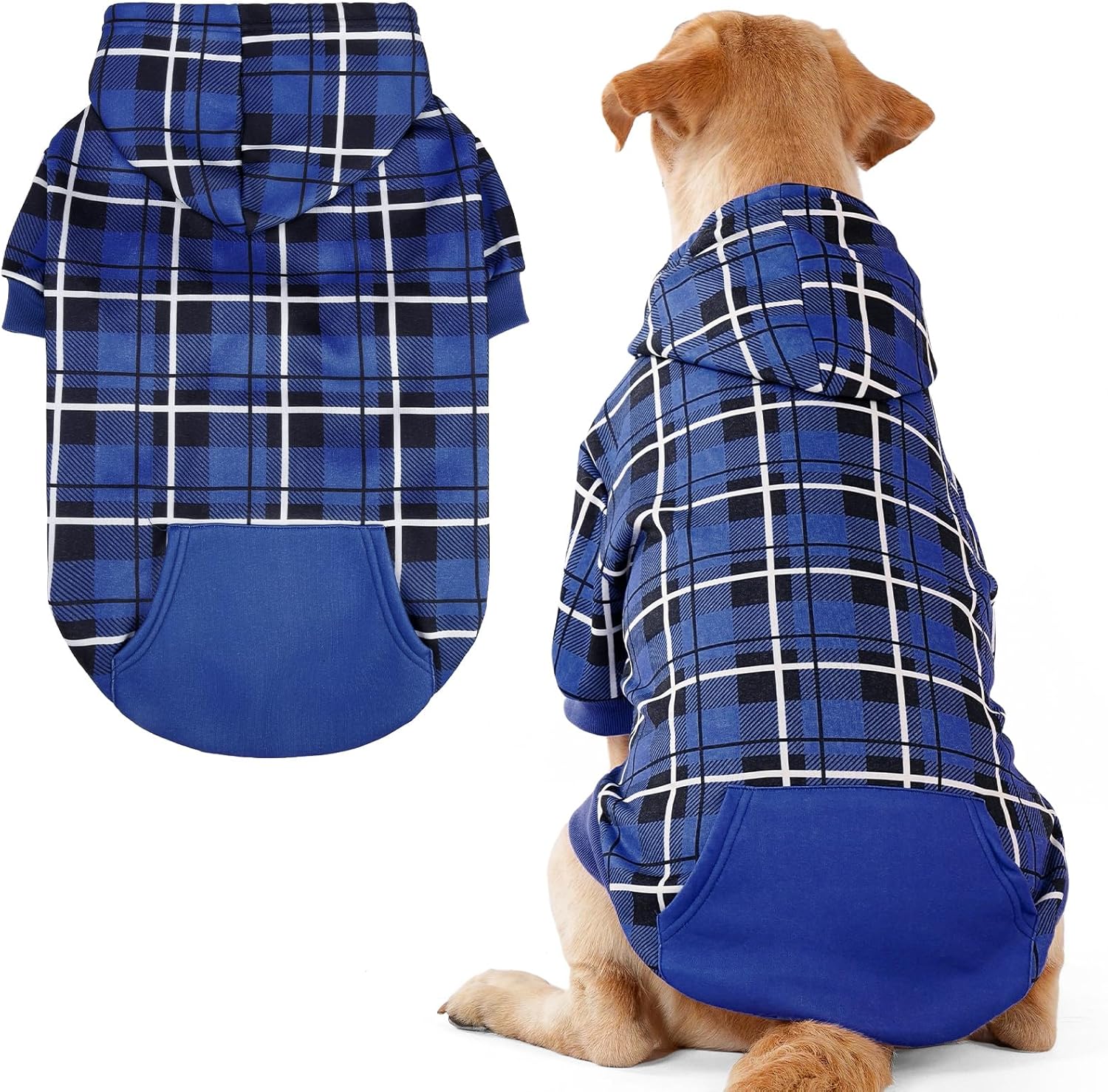 EXPAWLORER Plaid Dog Hoodie - British Style Warm Dog Sweater Shirt with Leash Hole,Pitbull Clothes Outfits,Winter Coat Apparel for All Breeds Puppy Girl Boy-Cat Apparel,Navy Blue Large Large Navy Blue
