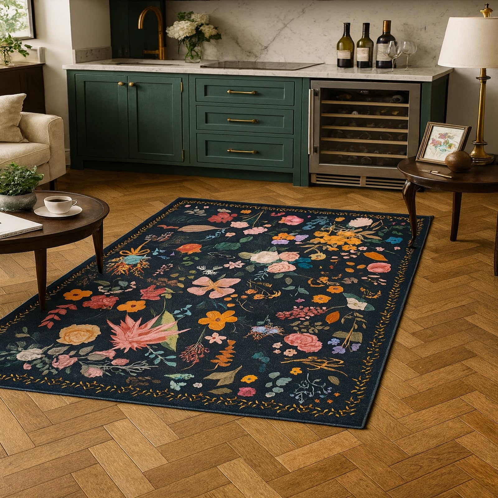 Tapis de salon poil ras 180x270cm floral moderne et coloré pour chambre et bureau
