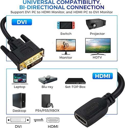 Miniatura 6 de Togconn Adaptador HDMI hembra a DVI macho (paquete de 2), conector DVI bidireccional macho a HDMI hembra, compatible con 1080P Full HD compatible