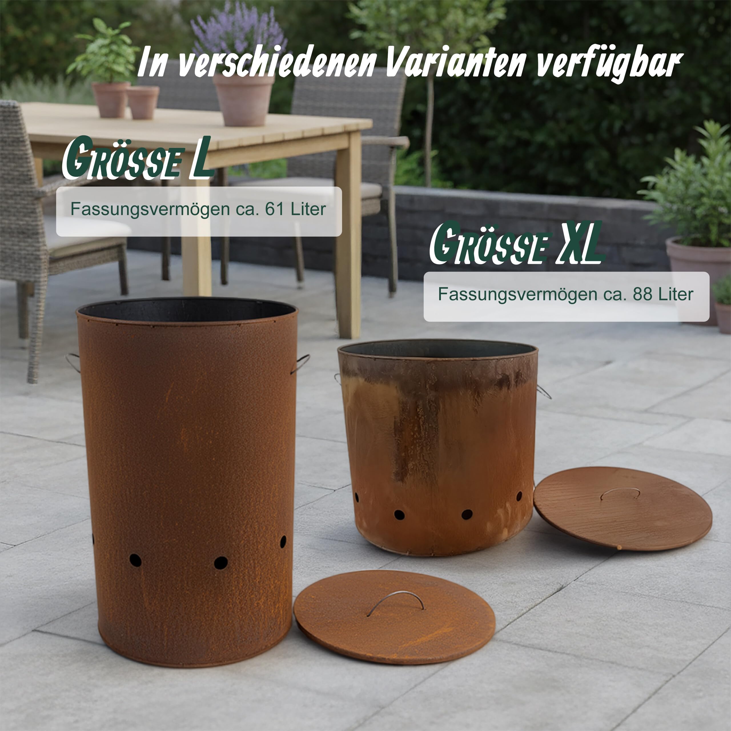 Relaxdays Feuertonne, Cortenstahl, Rostoptik, HxD: 45 x 49,5 cm, Industrial Feuerschale mit Deckel, Garten, rotbraun