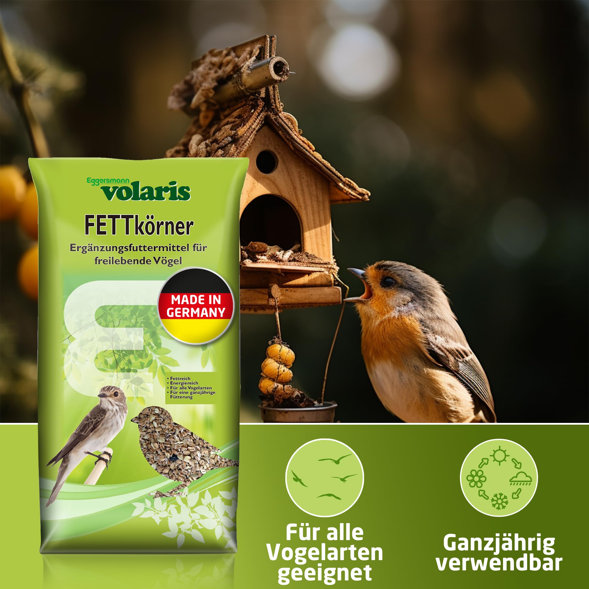 Eggersmann volaris Vogelfutter Wildvögel ganzjährig 15 kg [Fettkörner] Wildvogelfutter für das ganze Jahr | Fettreiches Streufutter für alle Vogelarten