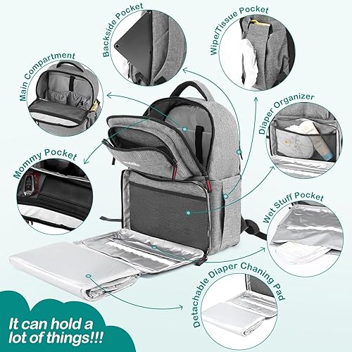 Miniatura 2 de Mochila para pañales para bebé, con cambiador portátil desmontable, 15 compartimentos, bolsa multifunción, bolsas de gran capacidad para niños y